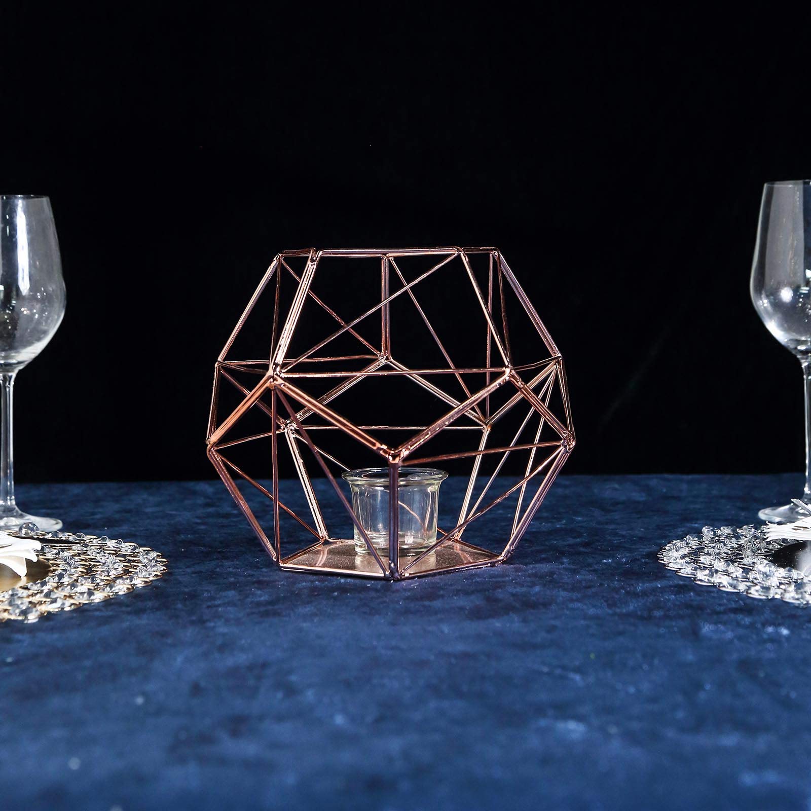 7-Inch Rose Gold Geometric Candle Holder Vase - Elegant Wedding Centerpiece, Party Decor, Home & Event Decoration Supplies - Perfect for Tablescapes, Bridal Showers & Romantic Ambiance