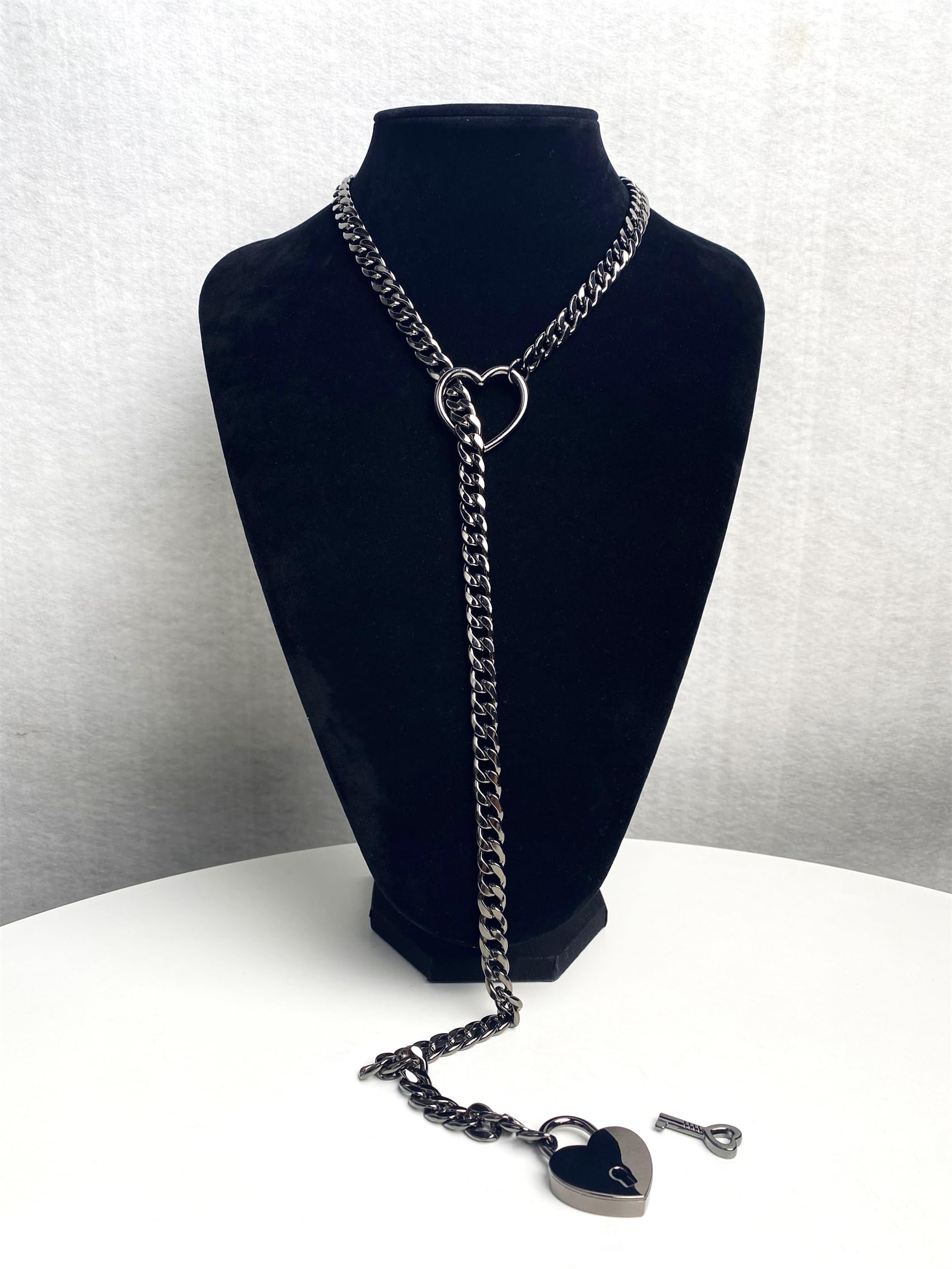 Paloli Women's Punk Rock Cuban Chain Necklace - Adjustable Lariat Y-Necklace with Heart Locker & Key, Slip Chain O-Ring Design | Perfect for Casual Wear, Rock Concerts & Gothic Fashion