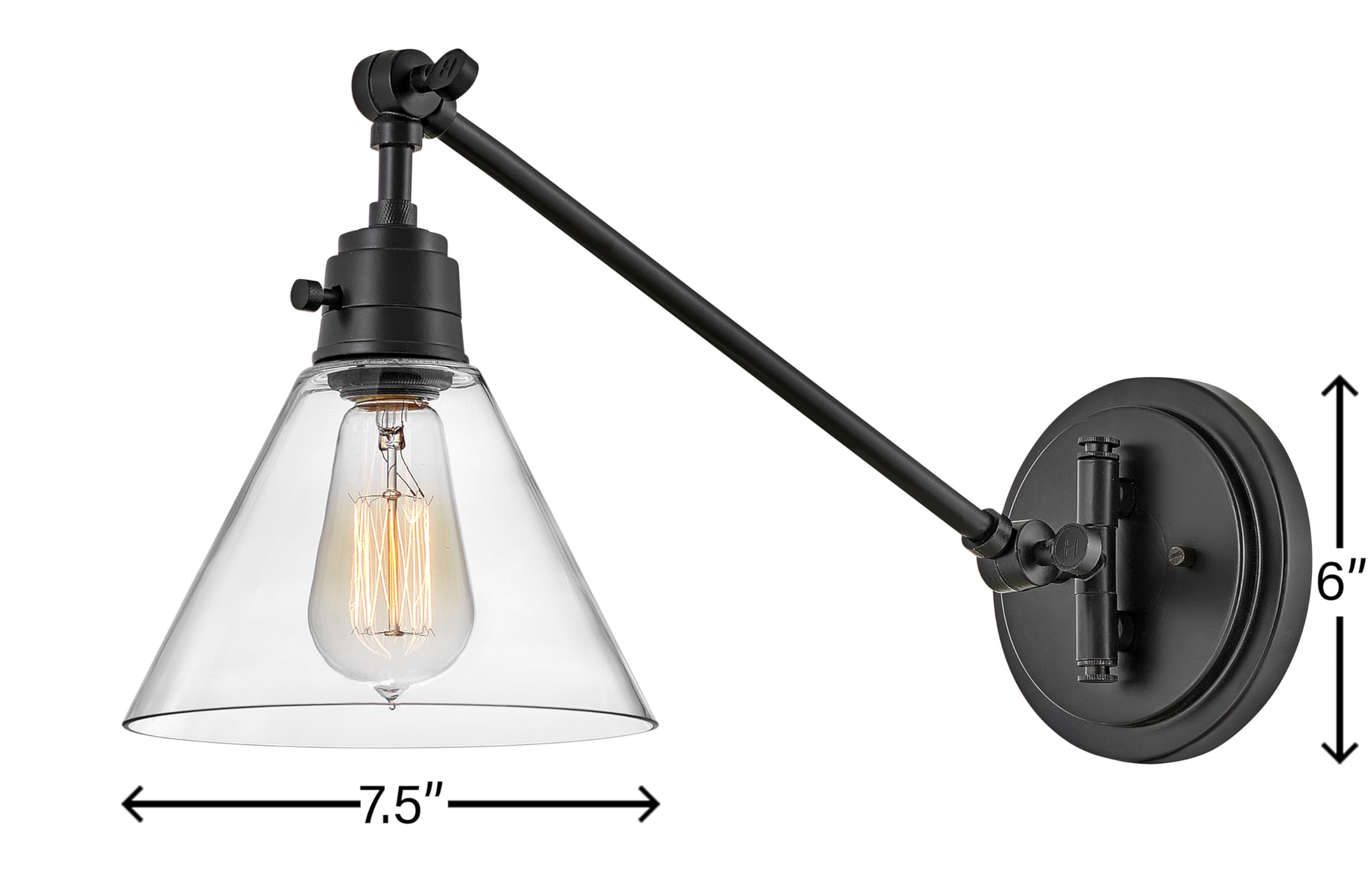 Hinkley Arti 3690BK-CL Medium Articulating Single Light Wall Sconce with On/Off Switch - Black Clear Glass Shade, Adjustable Arm & Removable Fabric Cord - Perfect for Bedroom, Hallway or Entryway Lighting