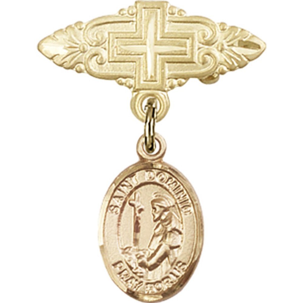 Gold Filled St. Dominic de Guzman Baby Badge Charm with Cross Pin - 1 X 3/4 Inches - Perfect for Baptism, First Communion & Religious Gifts