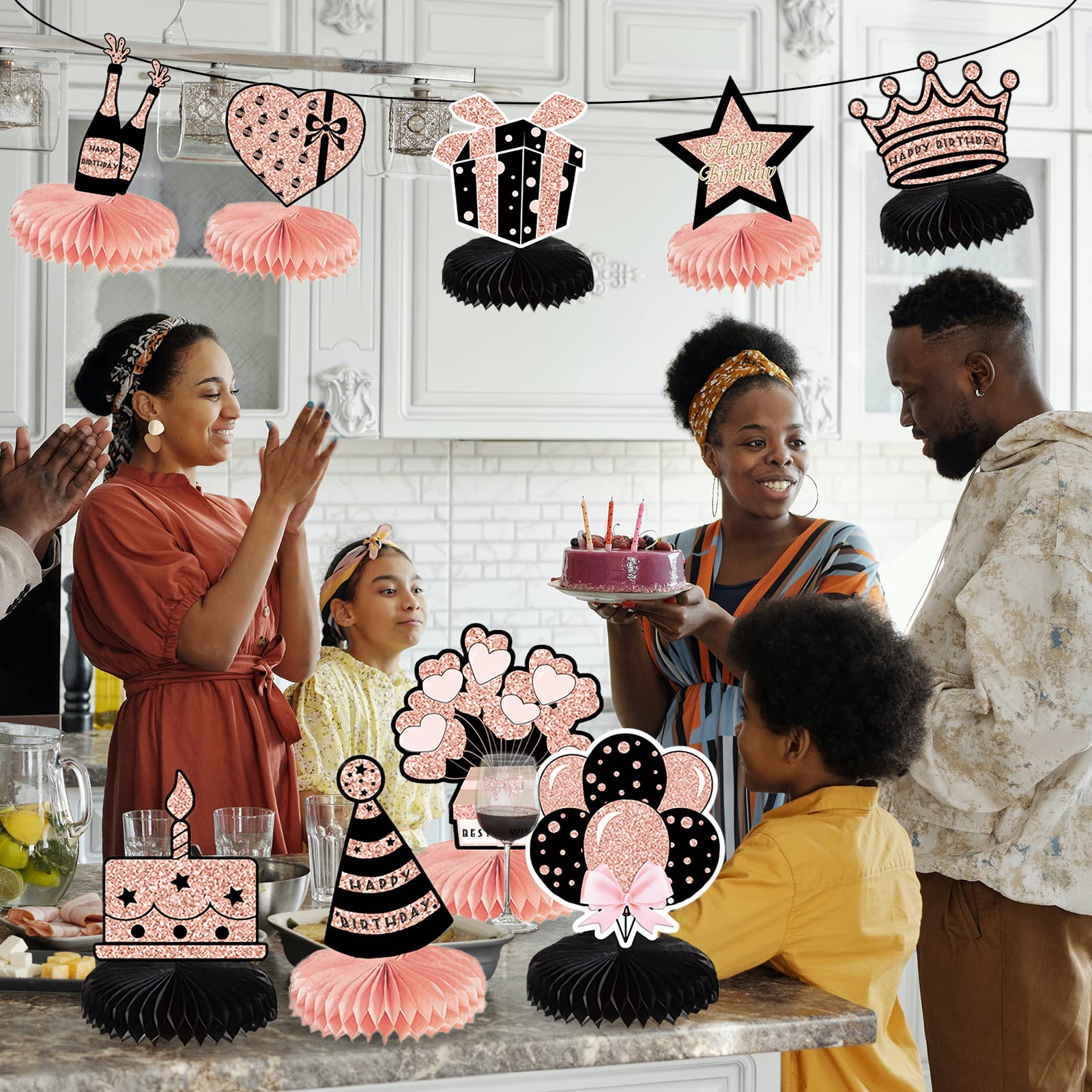 SPOKKI 10-Piece Rose Gold Birthday Party Decorations Set - Honeycomb Table Centerpieces, Cake Toppers & Table Decor for Birthday Celebrations - Perfect for Home Parties, Baby Showers & Anniversary Events