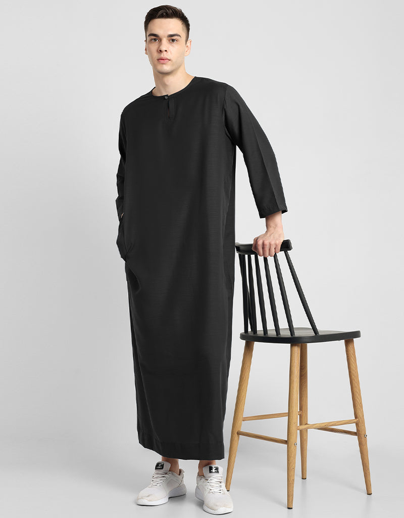 Premium Black Thobes for Men - Soft Cotton Blend Plain Solid Design - Perfect for Work, Prayer & Special Occasions