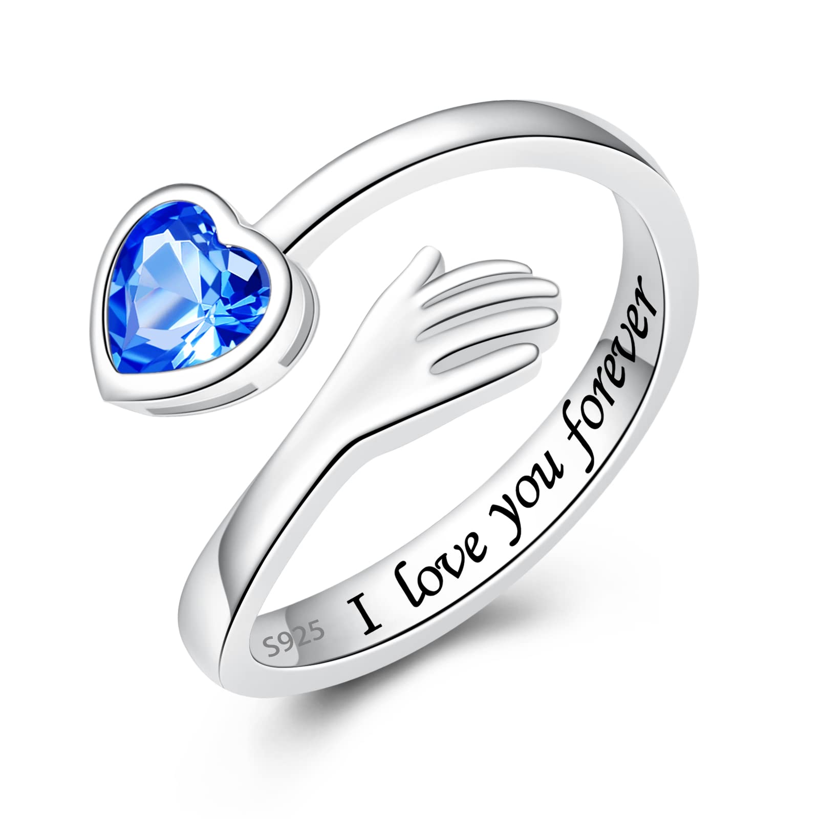925 Sterling Silver Hug Ring for Women & Teen Girls - Adjustable I Love You Ring with 12 Birthstones & CZ - Perfect Mothers Day, Birthday, Holiday Gift for Her - Ideal for Anniversaries, Valentine's Day & Everyday Wear