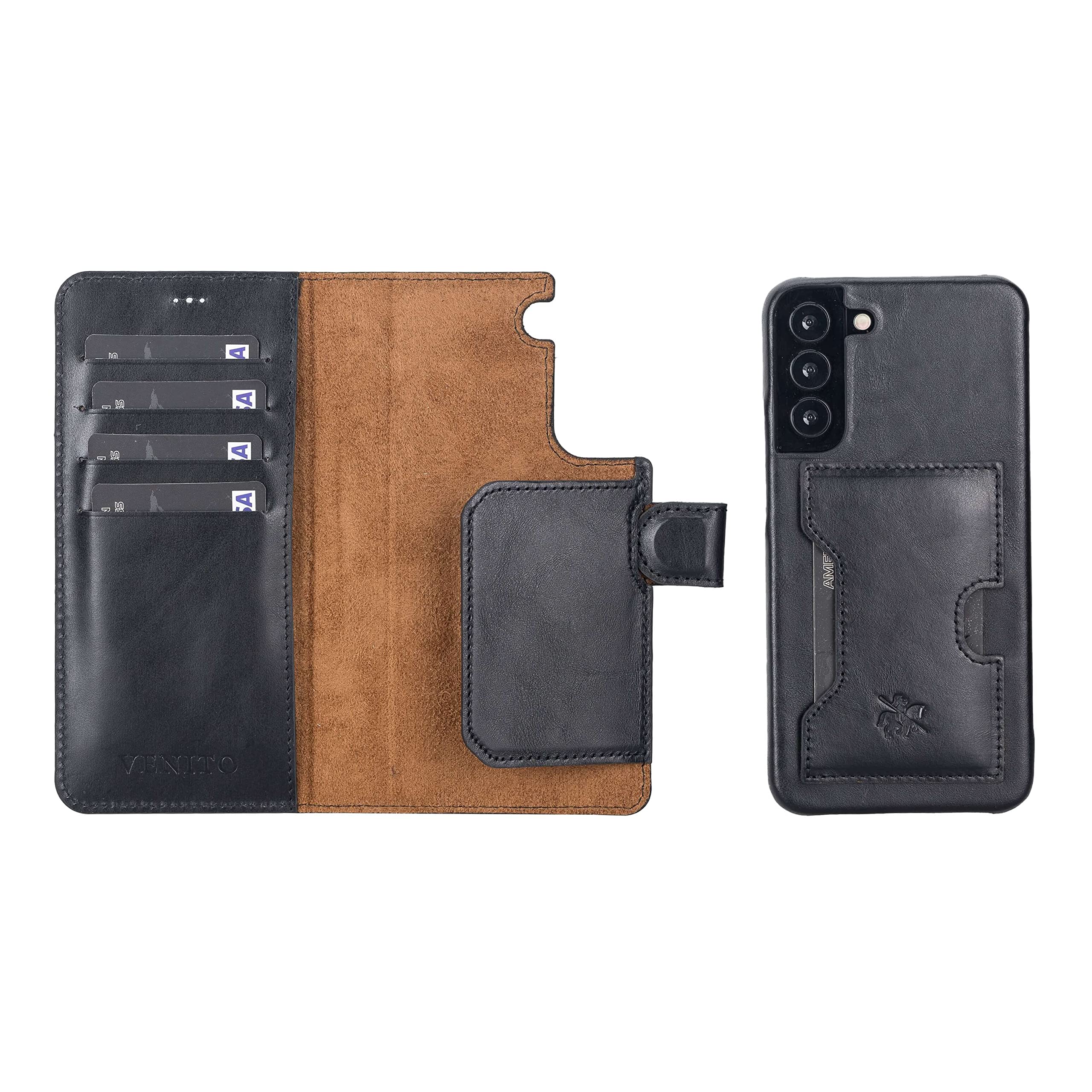 Venito Florence Genuine Leather Wallet Phone Case for Samsung Galaxy S22 Plus - RFID Blocking Protection - Detachable Card Holder - Perfect for Travel, Work & Everyday Use (Rustic Black)