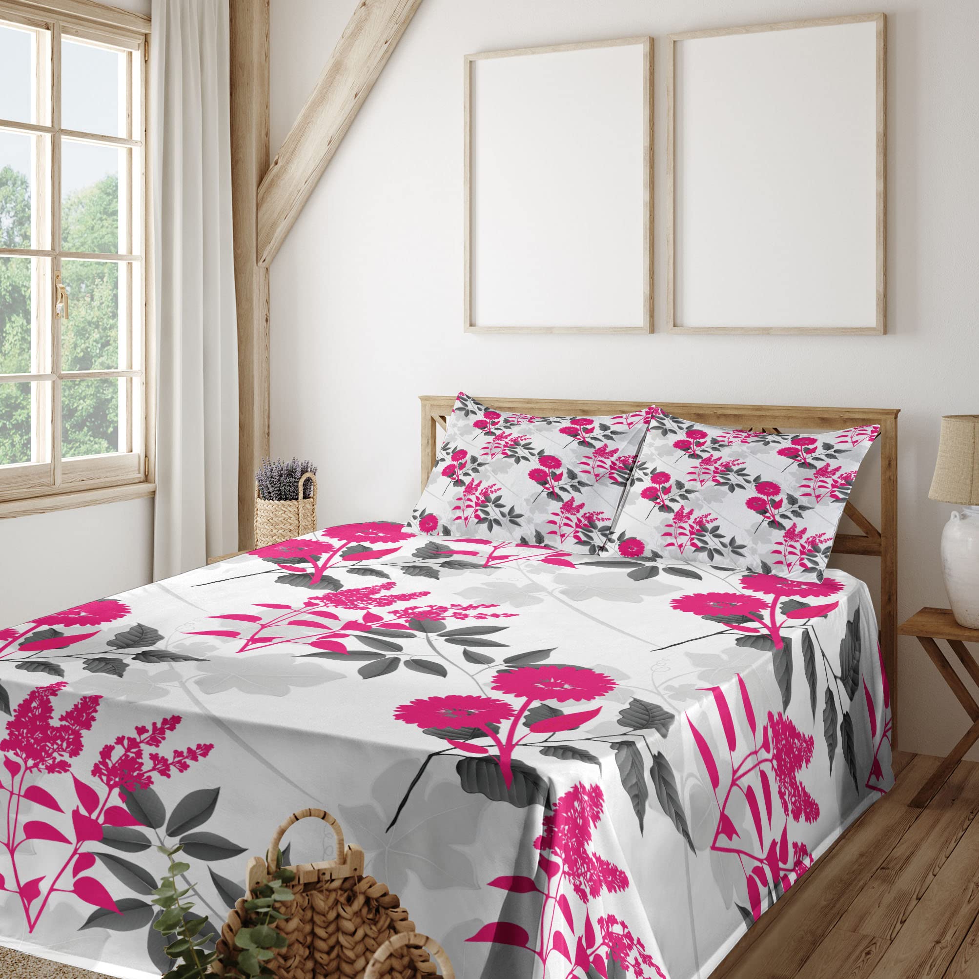 Ambesonne Floral Sheet Set - King Size 4-Piece Bedding with Abstract Flower & Leaf Pattern | Fitted Sheet, Flat Sheet & Pillowcases in Magenta, Dark Grey & White | Perfect for Master Bedroom, Guest Room & Cozy Home Decor