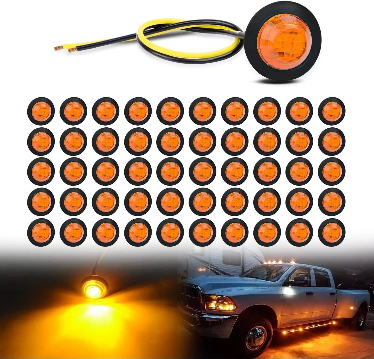 3/4 Inch Amber Round LED Marker Lights - 50 Pcs - Waterproof & Durable for Trucks, Trailers, Boats & Emergency Vehicles
