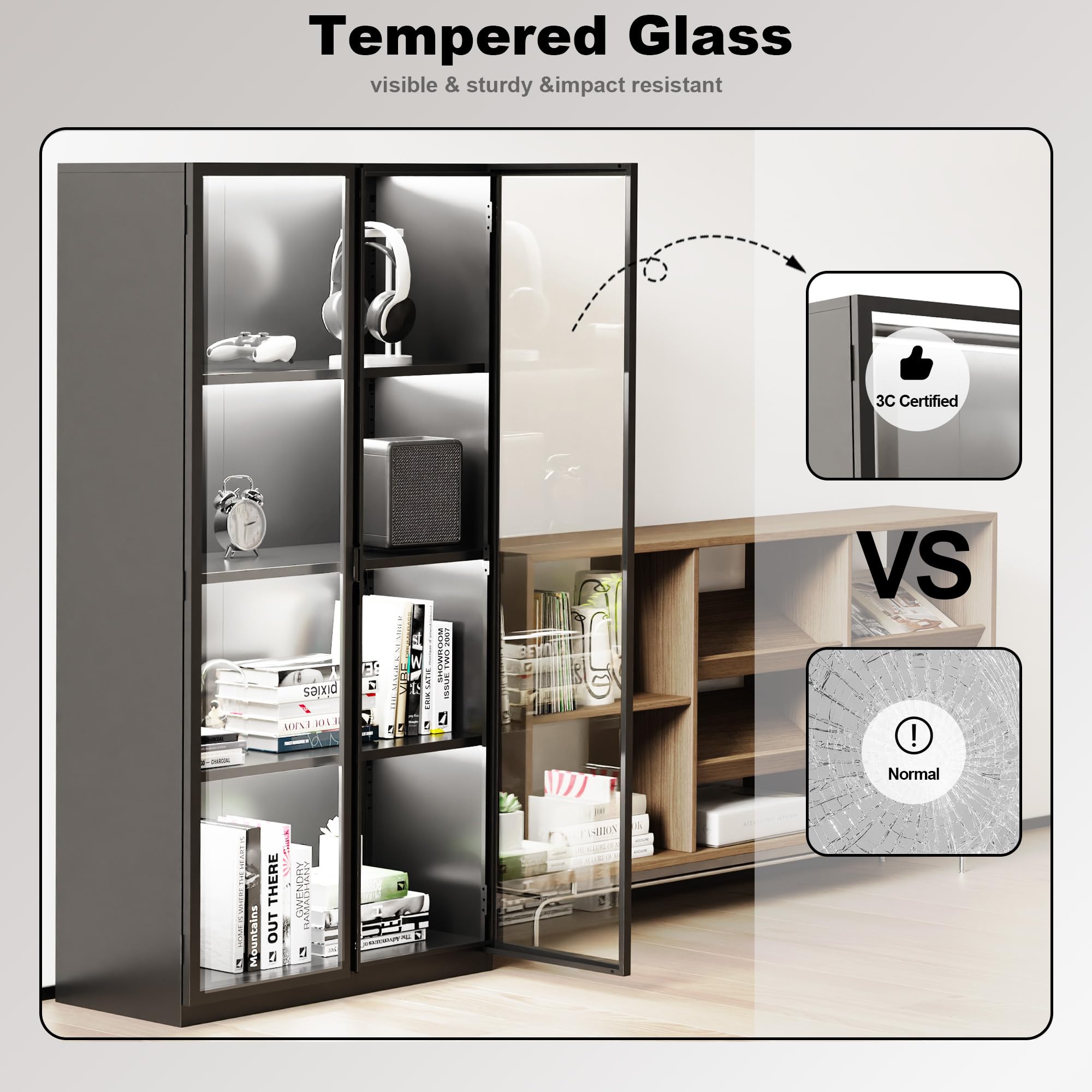 Glass Display Cabinet with LED Lights & Adjustable Shelves - Perfect for Living Room & Office