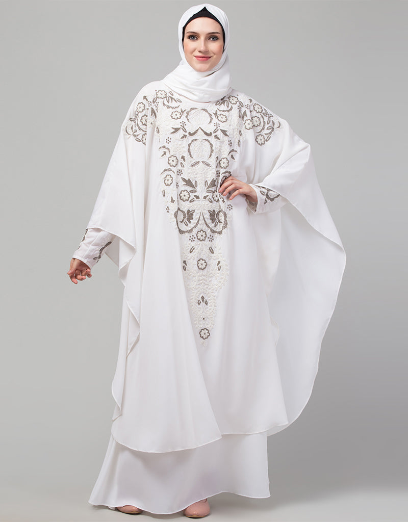 Elegant Arabic White Matt Nida Golden Embroidery Abaya Dress for Women - Perfect for Prayer, Special Occasions & Modest Fashion