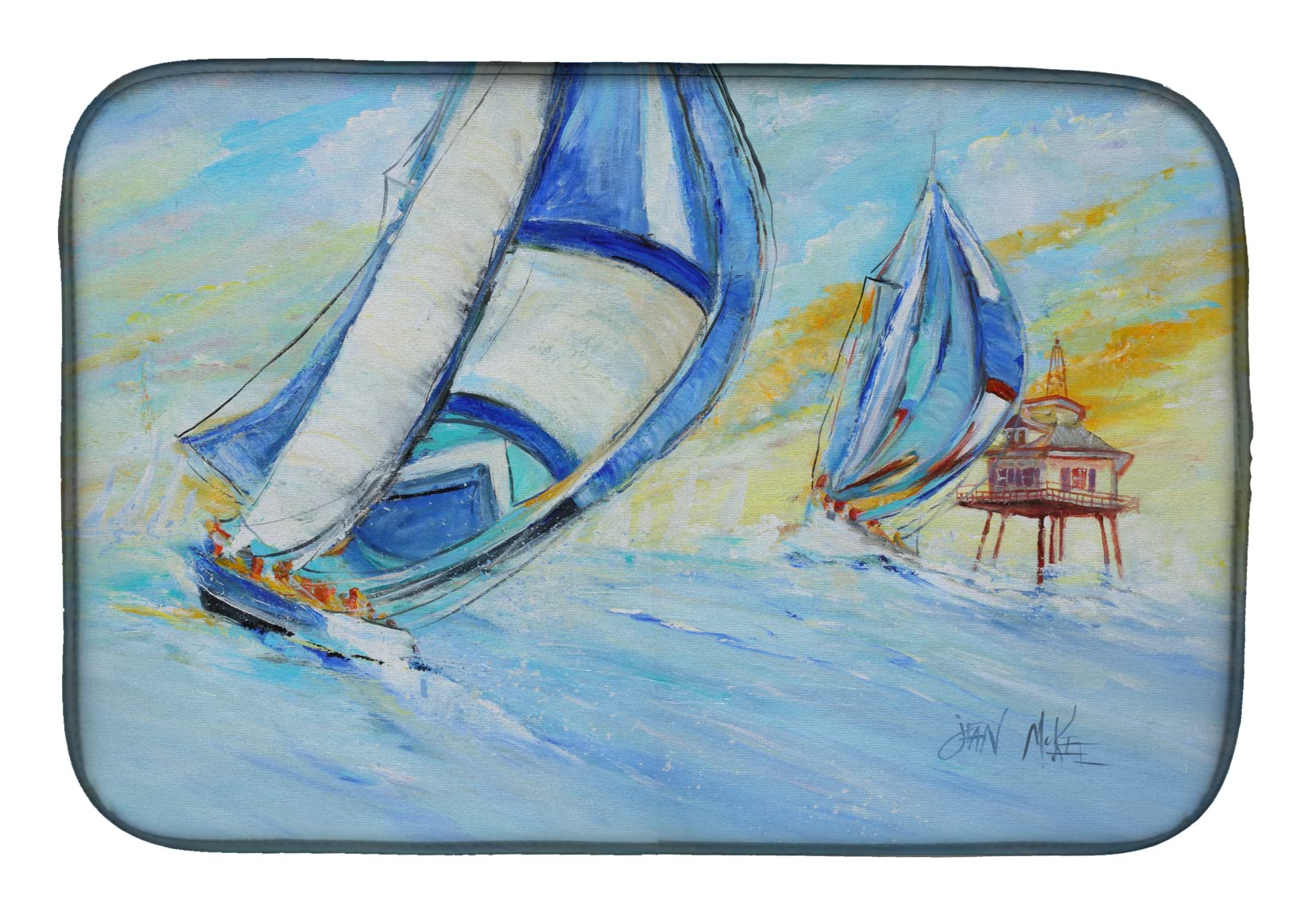 Sailboats Dish Drying Mat - Absorbent Kitchen Counter Pad for Dishes, 14x21