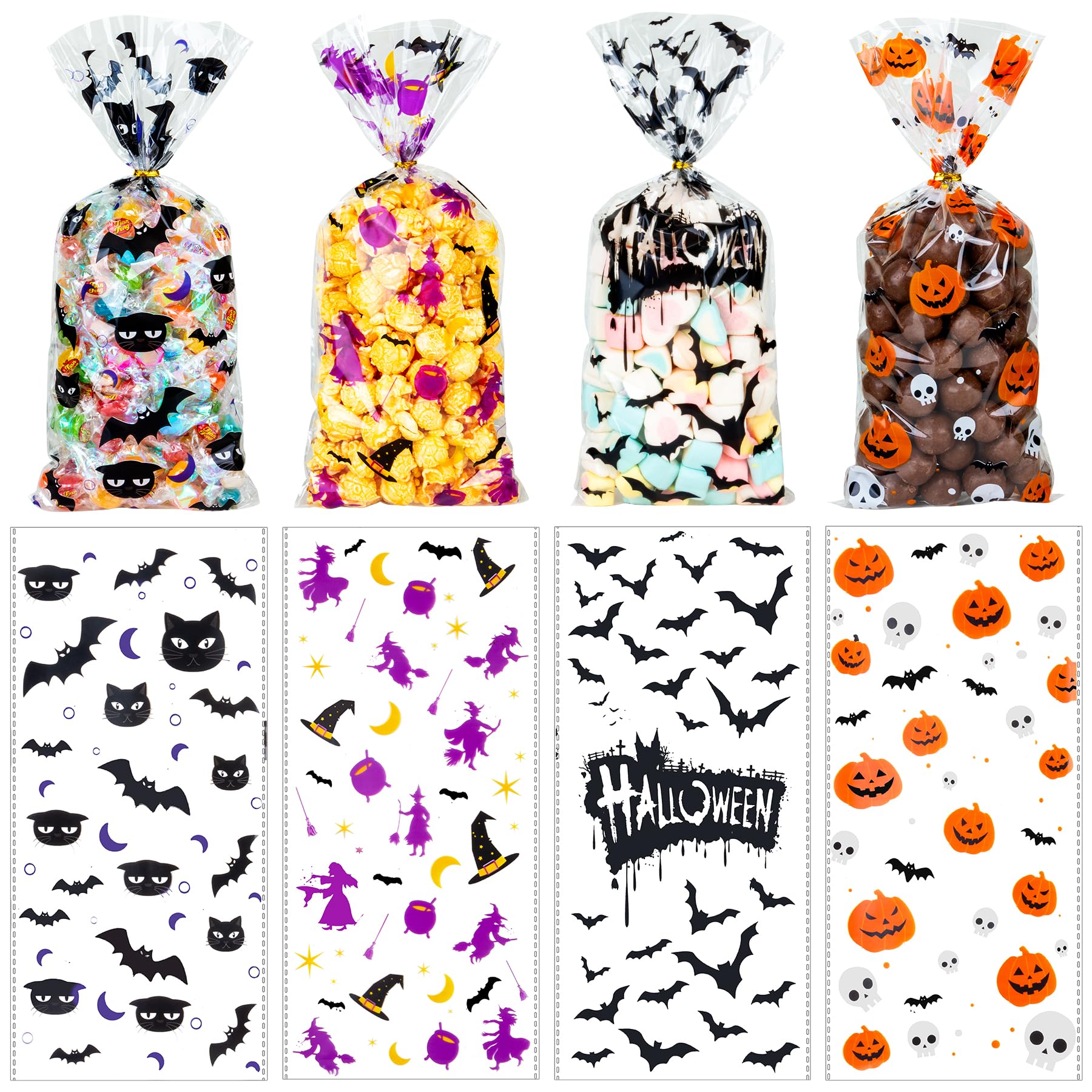 RICEDUO Halloween Cellophane Treat Bags - 100 Clear Candy Bags with Twist Ties for Kids' Parties, Trick or Treat, Classroom Favors & Holiday Goodie Bags