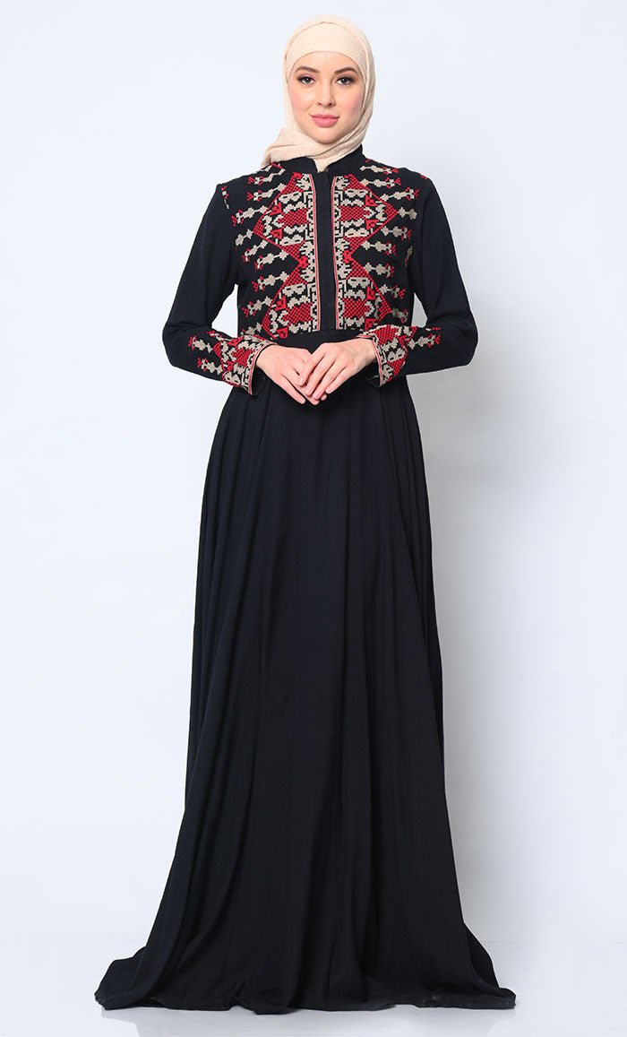 Modern Cross Stitch Embroidered Black Abaya with Pockets - Elegant Islamic Dress for Women, Modest Fashion, Prayer & Special Occasions