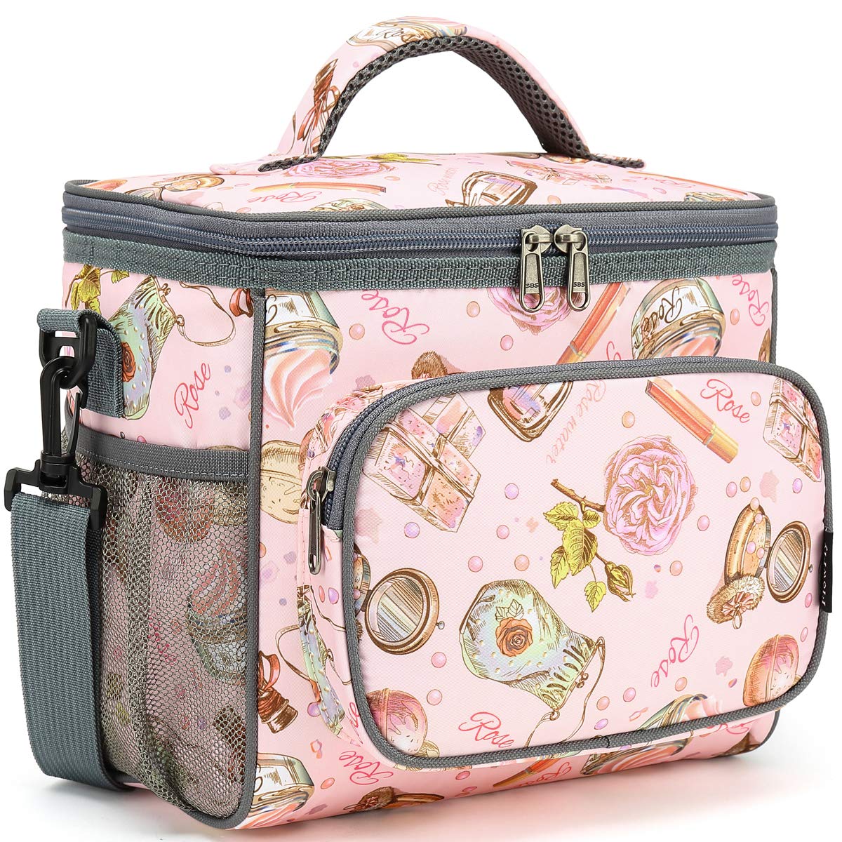 FlowFly Insulated Reusable Lunch Bag for Adults - Large Lunch Box with Adjustable Shoulder Strap, Front Zipper Pocket & Dual Mesh Side Pockets - Perfect for Work, School, Picnics & Travel (Rose)