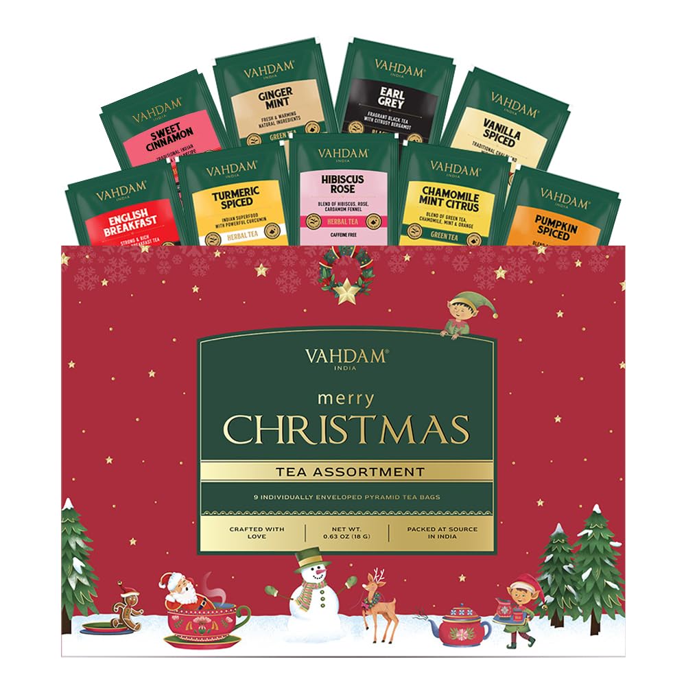 VAHDAM Merry Christmas Tea Gift Set - 9 Individually Wrapped Tea Bags (Limited Edition, Gluten Free, Non-GMO) | Perfect Holiday Gift for Women & Men | Ideal for Office Parties, Family Gatherings & Cozy Winter Evenings