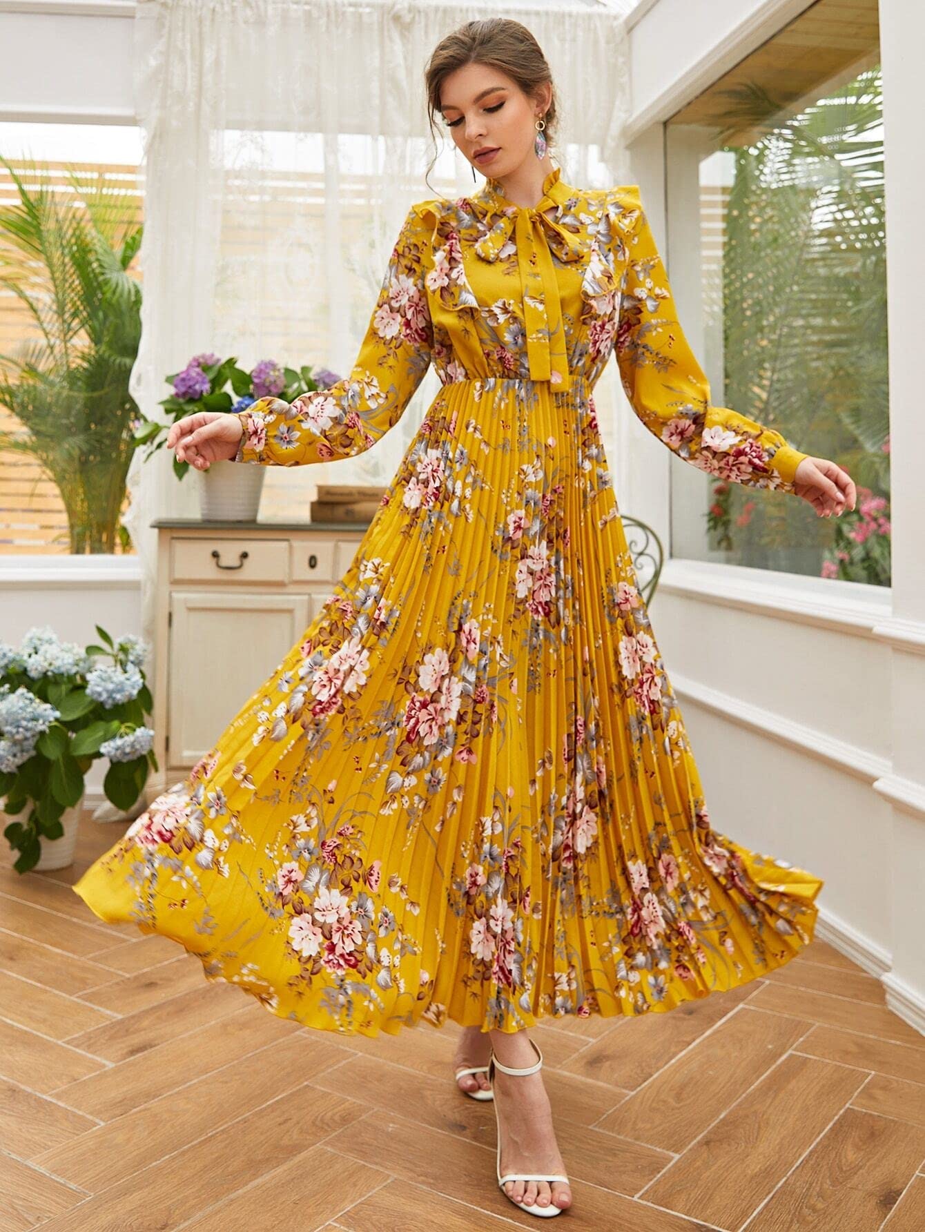 LIHANA Women's Floral A-Line Summer Dress with Tie Neck - Casual Beach Dress for Holiday, Party, and Everyday Wear