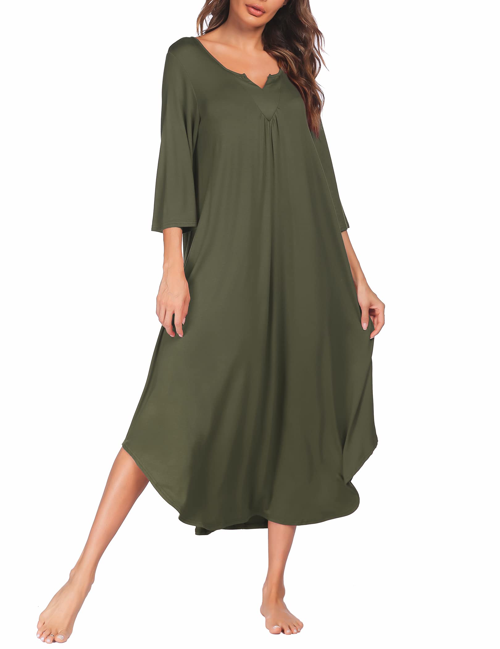 Ekouaer Women's Long Sleeve Nightgown - 3/4 Sleeve V-Neck Loose Lounge Dress, Plus Size Sleepshirt & Maxi Loungewear for Comfortable Sleep & Relaxation at Home