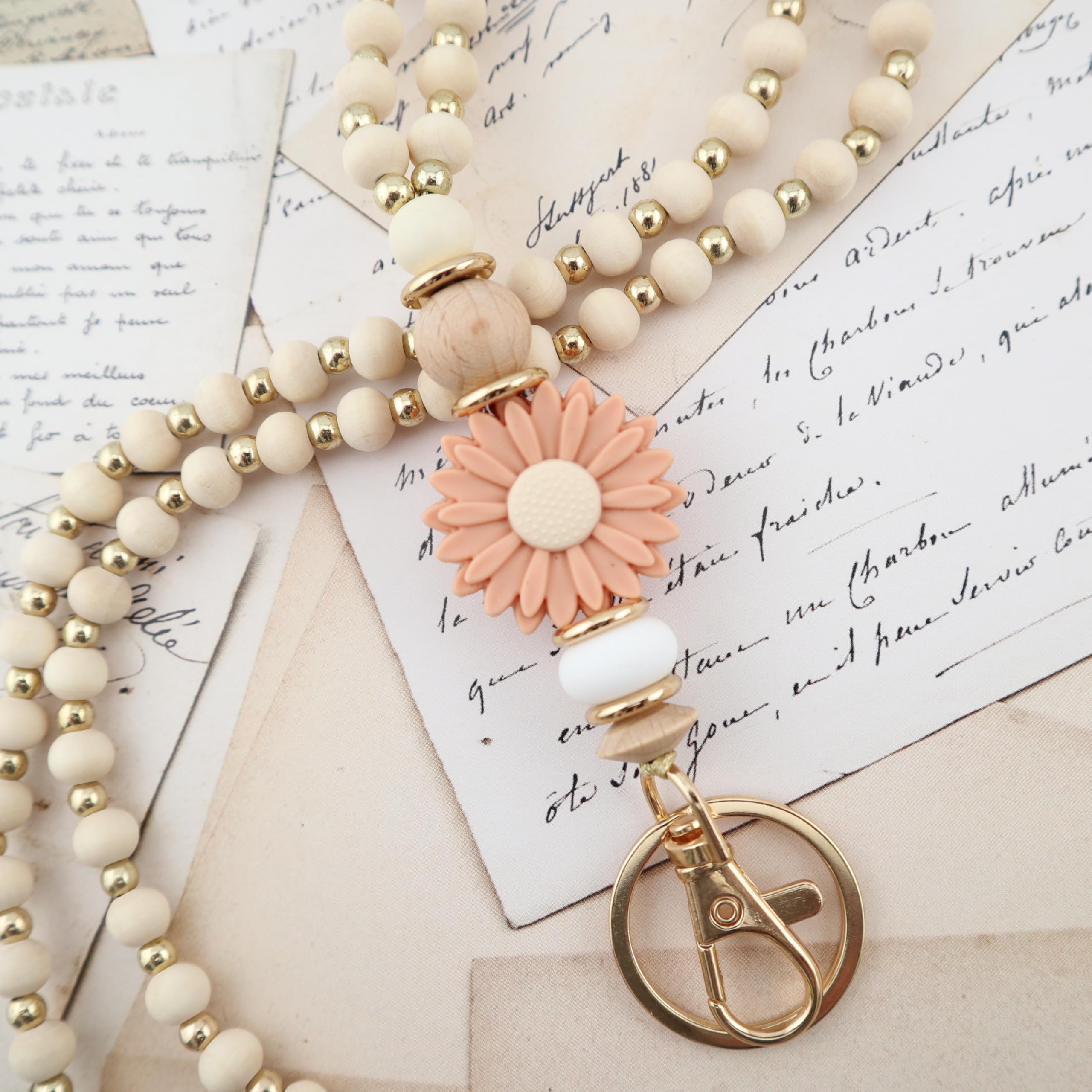 Floral Wooden Beaded Lanyard for Teachers & Nurses - ID Badge Holder
