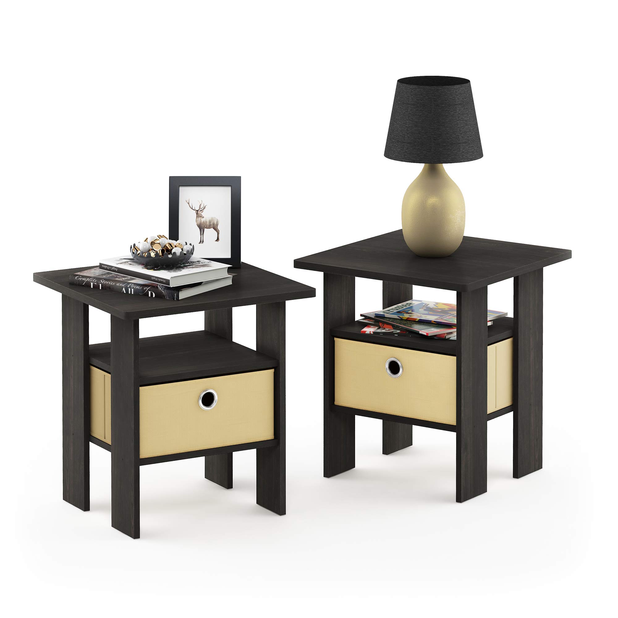 Furinno Andrey End Table Set with Coffee Table and Storage Bins - Modern Living Room Furniture for Small Spaces, Home Decor, and Organization