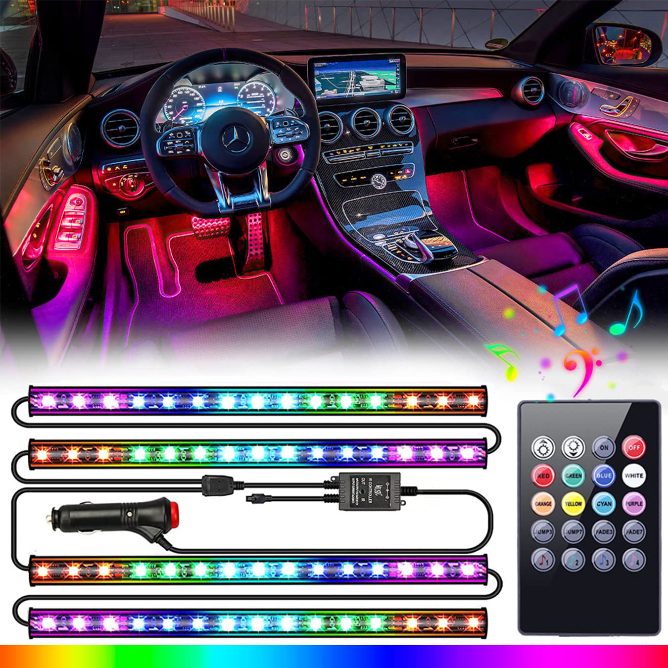 48 LED RGB Interior Car Lights with Remote & Music Sync - 4-Piece Under Dash Lighting Kit with 12V 2A Car Charger | Perfect for Car Customization, Night Driving & Party Atmosphere