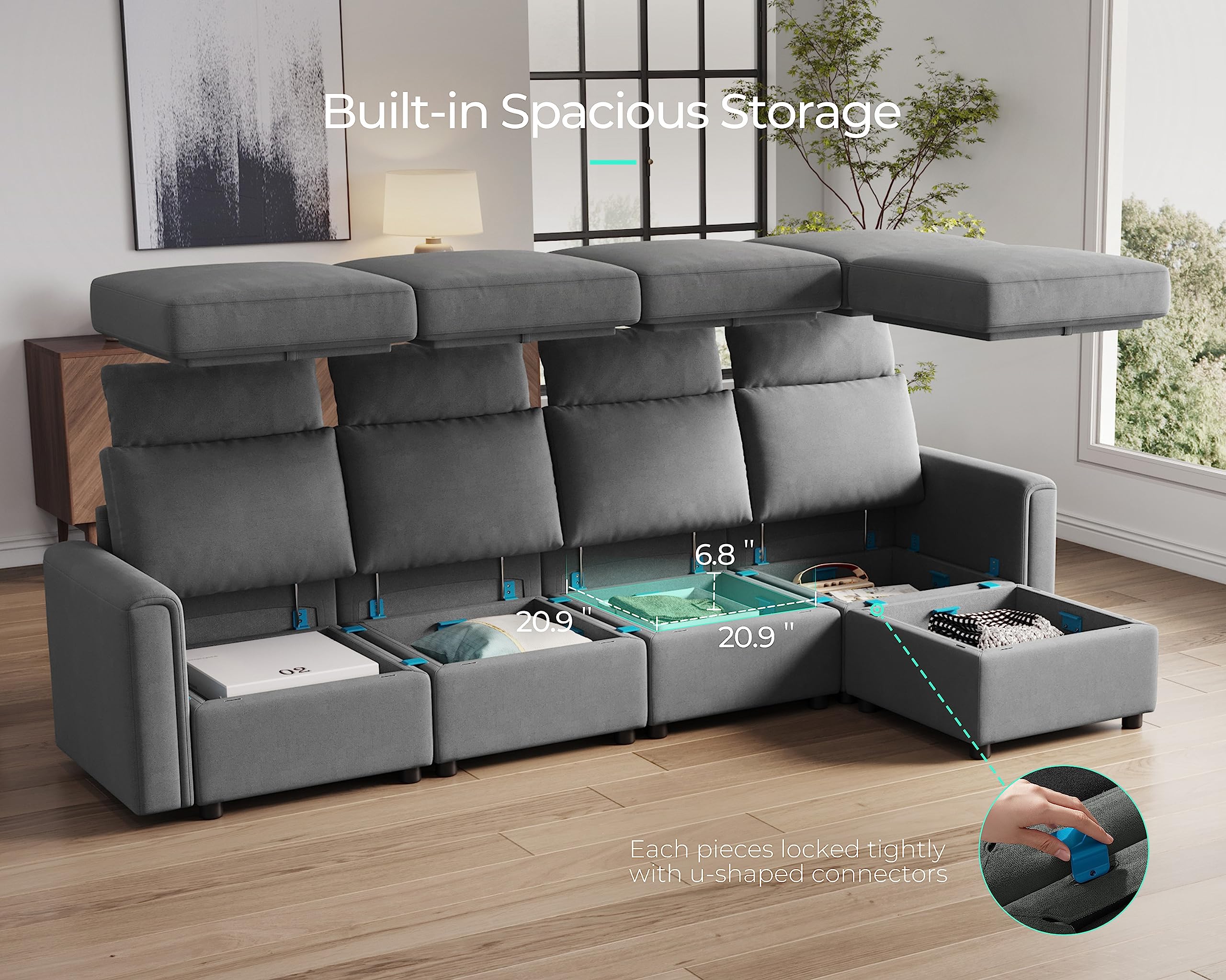 LINSY HOME Modular Sectional Sofa with Storage - Upgraded High Back L-Shaped Couch with 4 Adjustable Headrests, Removable Sofa Covers & Ottoman - 5-Seater Convertible Sofa Bed for Living Room, Family Room or Home Theater (Dark Grey) | Perfect for Small Spaces, Movie Nights & Guest Accommodation
