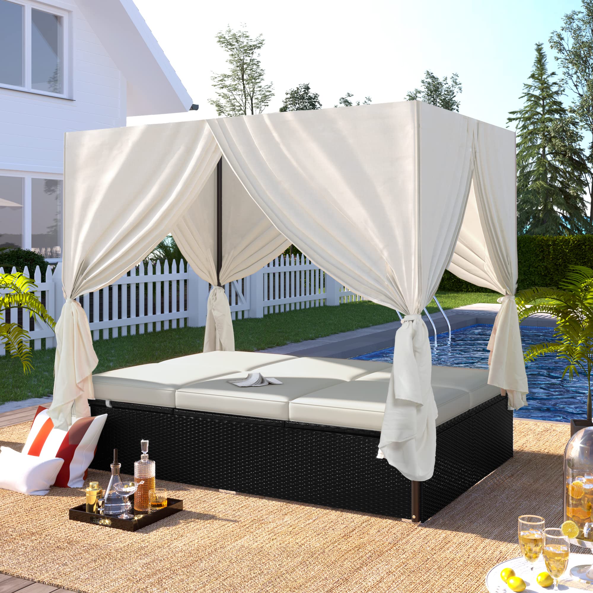Outdoor Patio Chaise Lounge with Retractable Canopy - Rattan Sun Lounger Daybed & Loveseat Sofa Set - Perfect for Poolside, Garden, or Backyard Relaxation