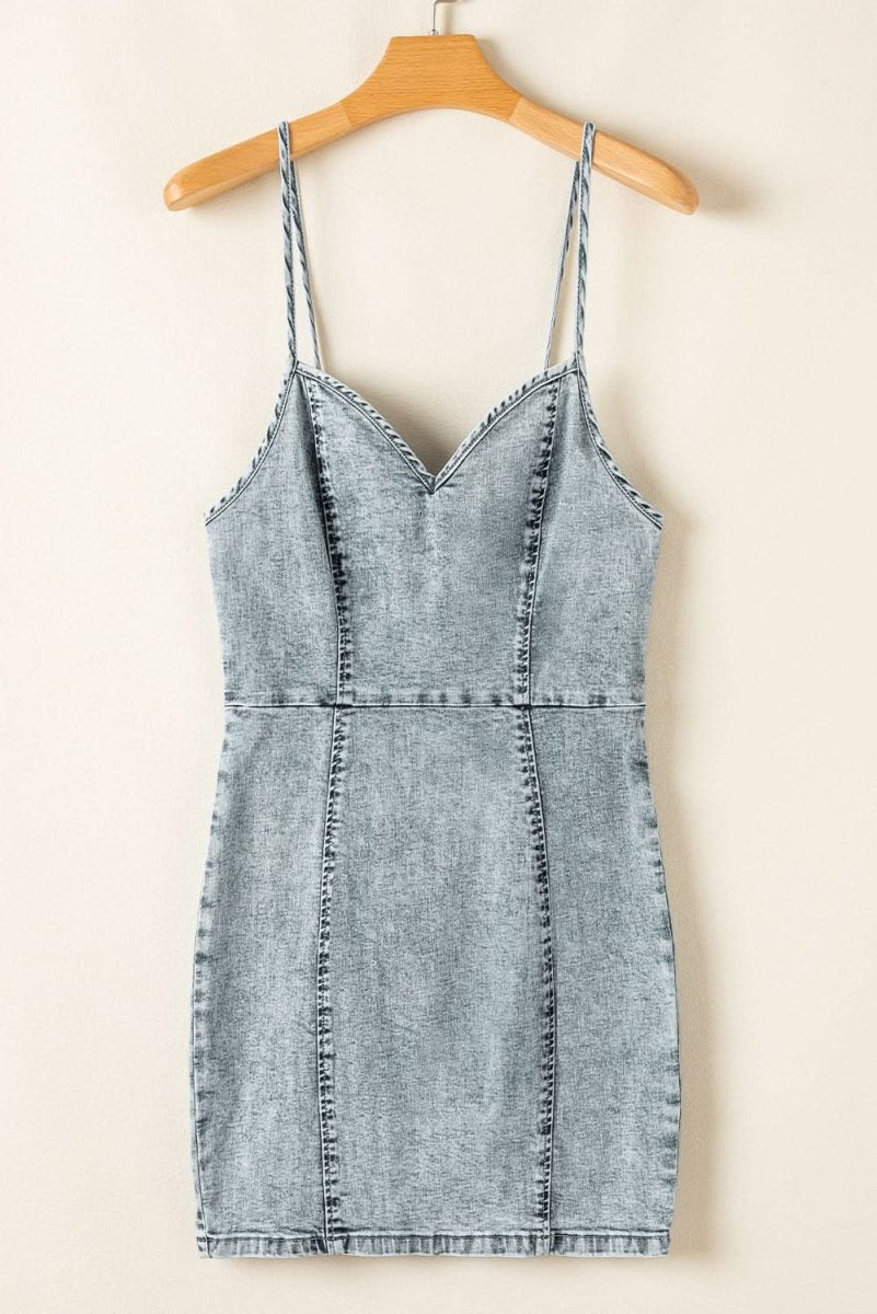 Stylish Beau Blue Sleeveless V-Neck Denim Sheath Dress with Back Zipper - Perfect for Summer Parties, Date Nights & Casual Outings