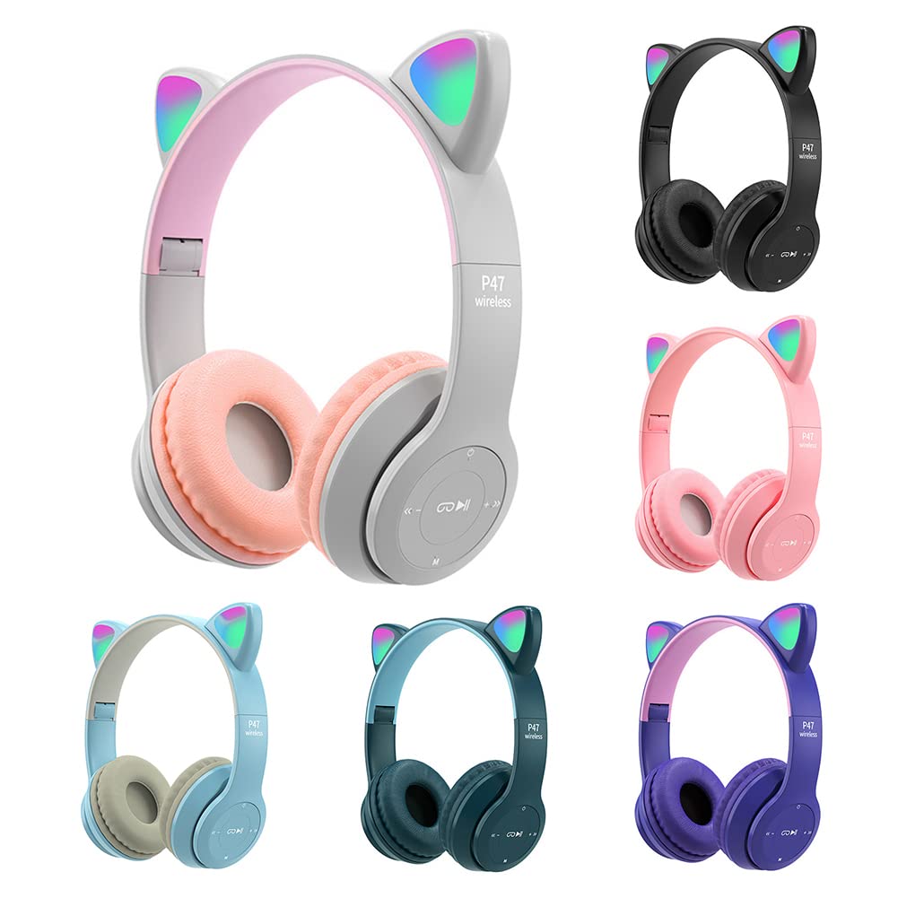LED Cat Ear Bluetooth 5.0 Wireless Headphones with Built-in Mic & Noise Cancelling - Foldable Over-Ear Gaming Headset for Kids & Adults, Perfect for Study, Travel & Gaming (Purple)
