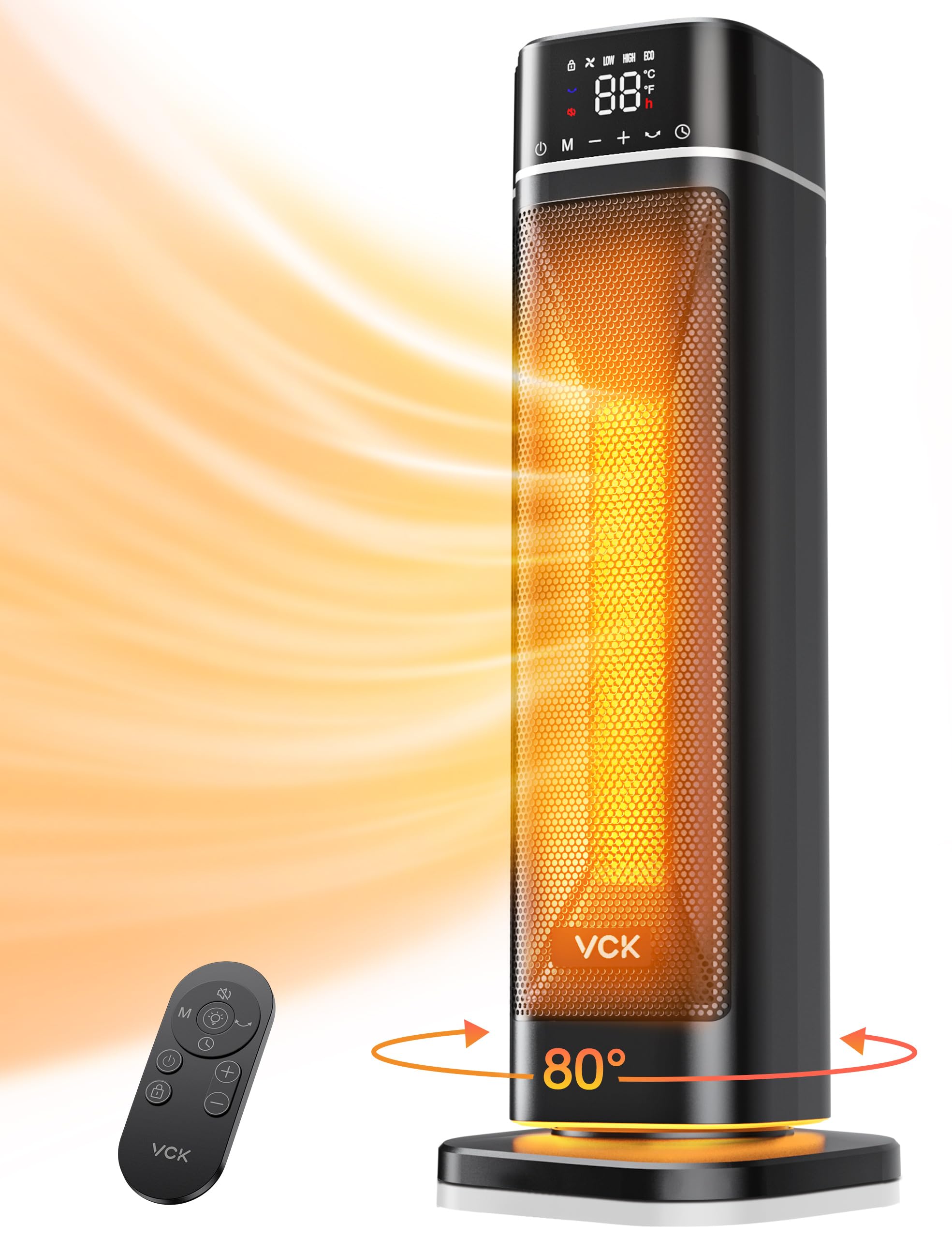 Energy Efficient 60cm Ceramic Fan Heater with Remote Control - 12 ft/s Fast Heating, 80° Oscillation, 4 Modes & 12-Hour Timer - Quiet Space Heater with Night Light, Overheat & Tilt Protection - Perfect for Bedrooms, Offices & Small Spaces