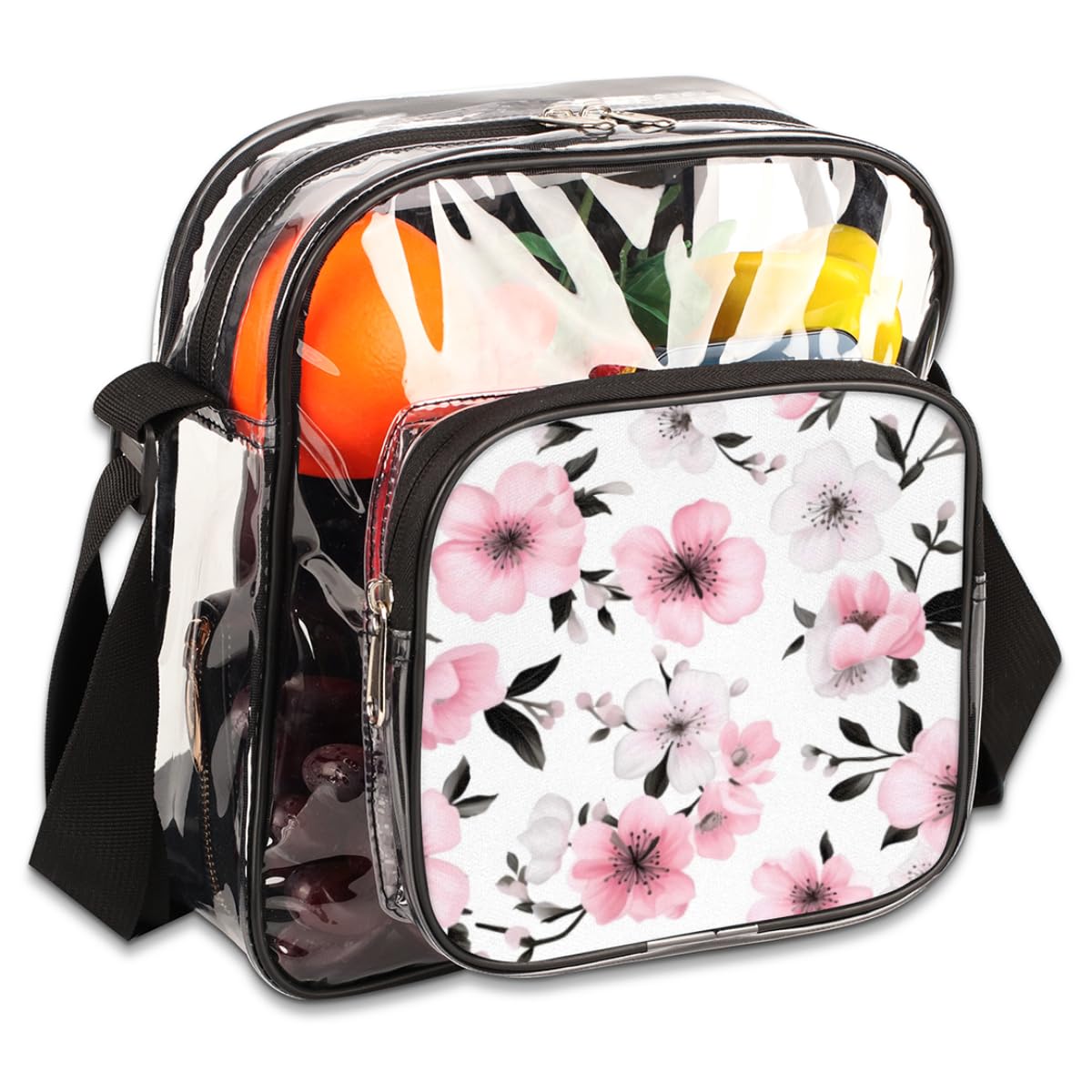 Clear PVC Crossbody Bag with Cherry Blossom Design - Stadium Approved Transparent Messenger Purse for Concerts, Sports Events & Work (9.84