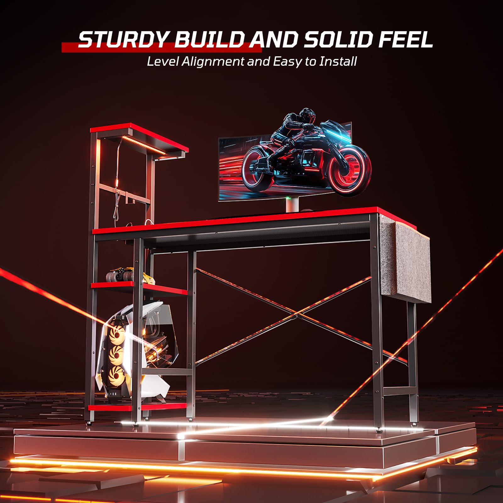 Bestier 44 Inch Gaming Desk with Power Outlets & LED Lights - 4-Tier Reversible Shelves, Headset Hook & Side Storage Bag - Ergonomic PC Gaming Table for Bedroom (Black 3D Carbon Fiber) - Perfect for Esports, Streaming & Home Office Setup