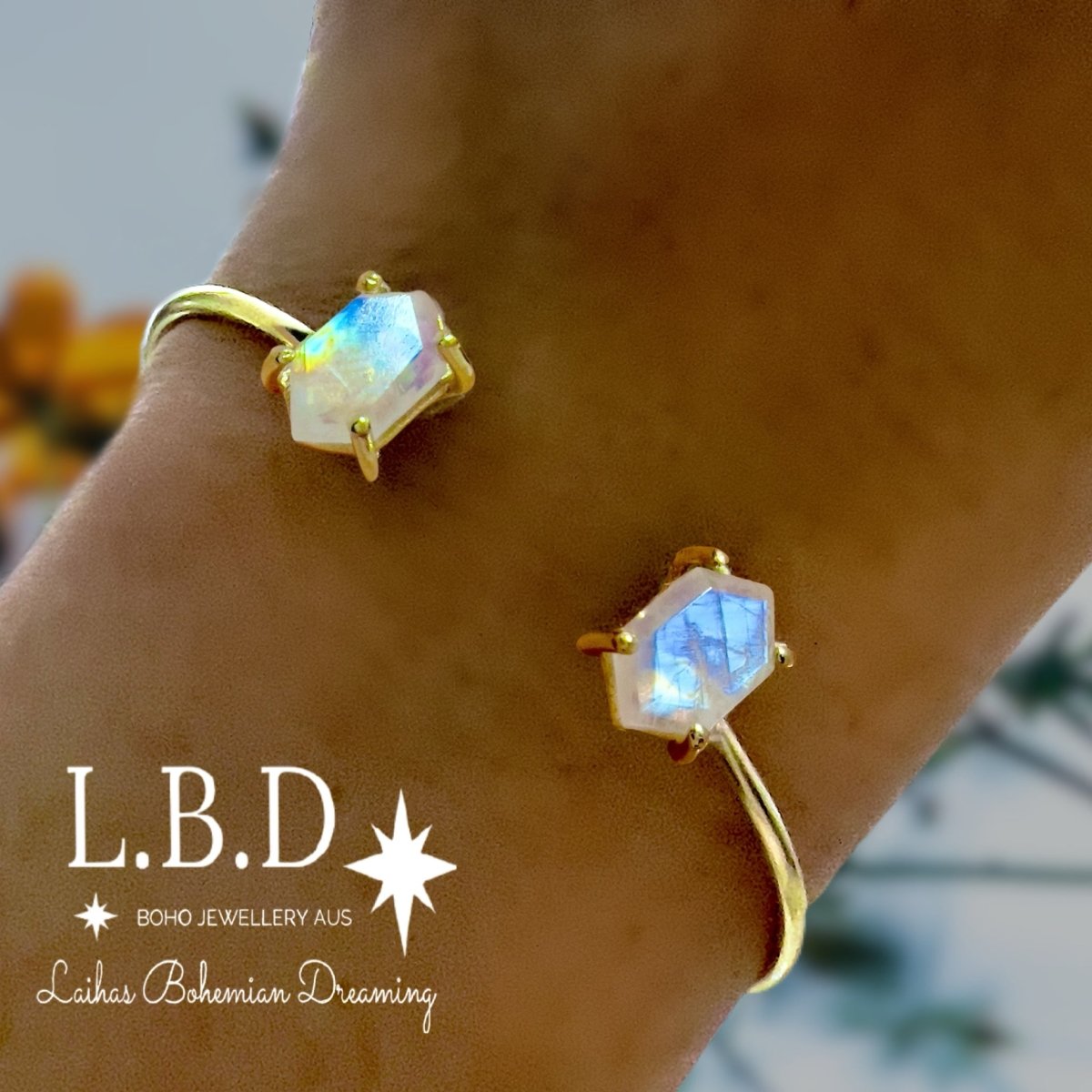 Hexagon Gold Moonstone Cuff Bangle - Elegant Boho Jewelry for Women, Handmade Statement Bracelet for Everyday Wear & Special Occasions
