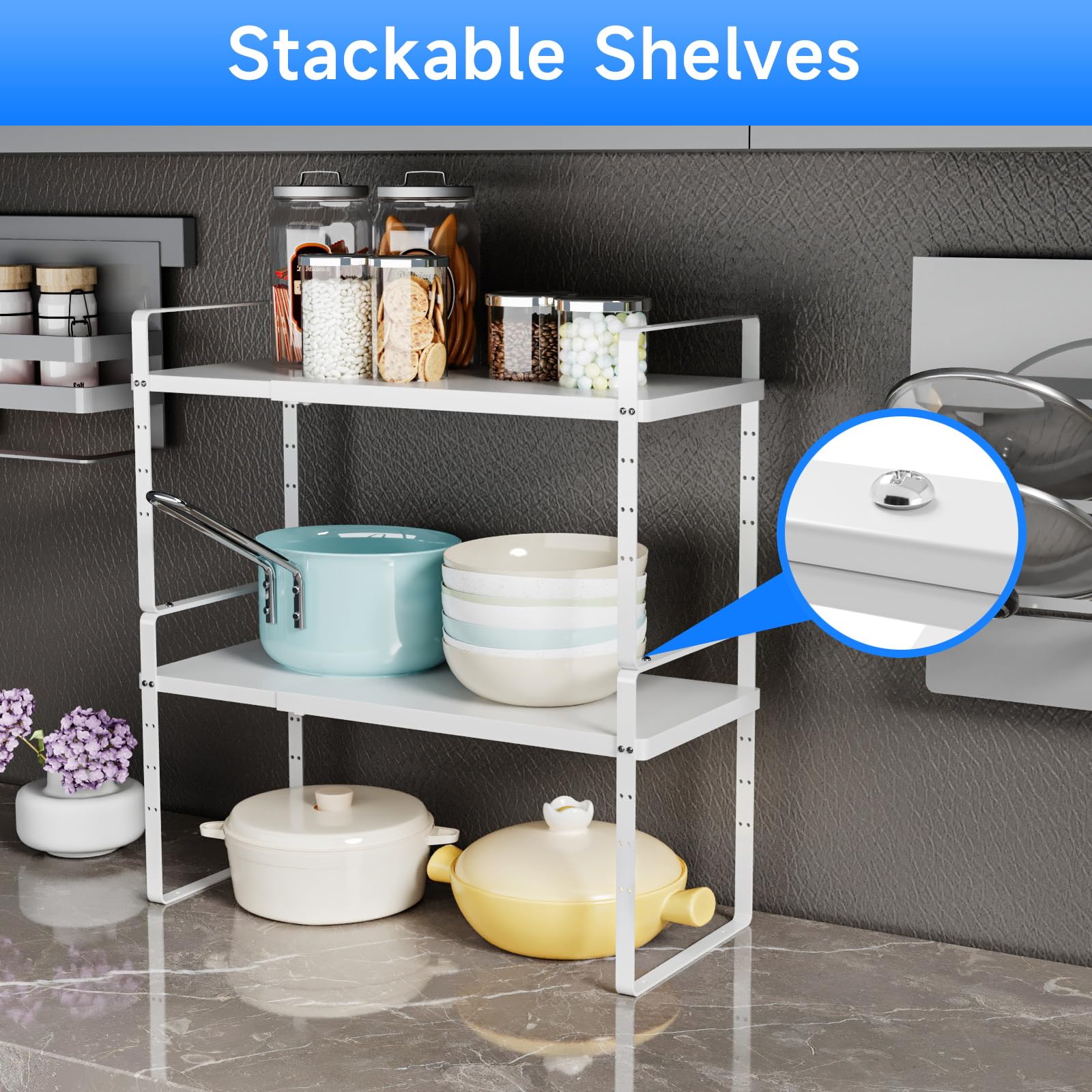 Expandable Cabinet Shelf Organizer - Heavy Duty 80LBS Stackable Kitchen Pantry Storage, Adjustable Closet & Cupboard Rack for Spice Organization (White, Large, 1 Pack) - Perfect for Small Spaces & Kitchen Counter Organization