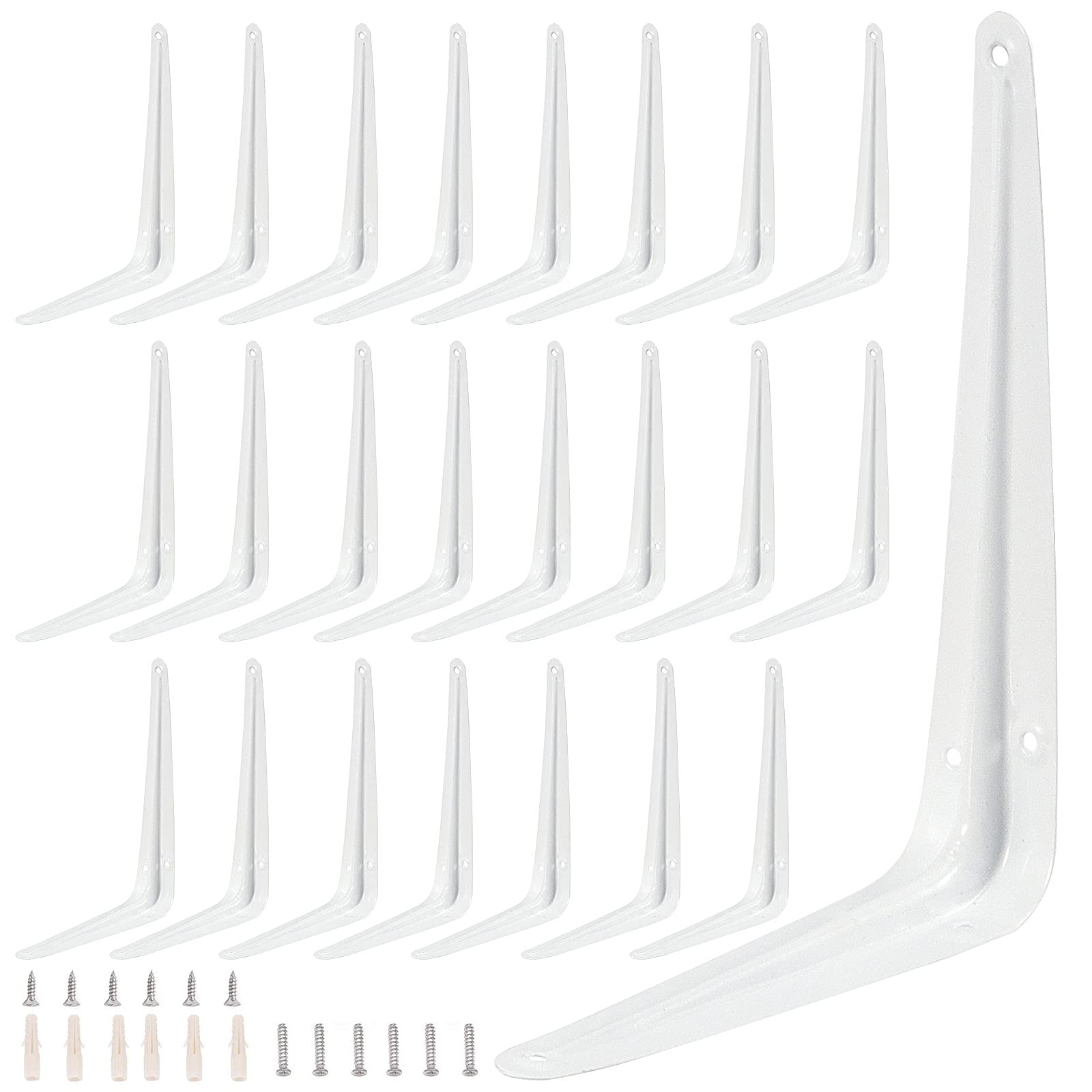 ZOENHOU 24 Pack Heavy Duty White Metal Shelf Brackets 10x12 Inch - L-Shaped Corner Brackets with 144 Screws & 72 Wall Plugs - Sturdy Wall Mount Shelving Support for Floating Shelves, Bookshelves, Kitchen Cabinets & Home Organization