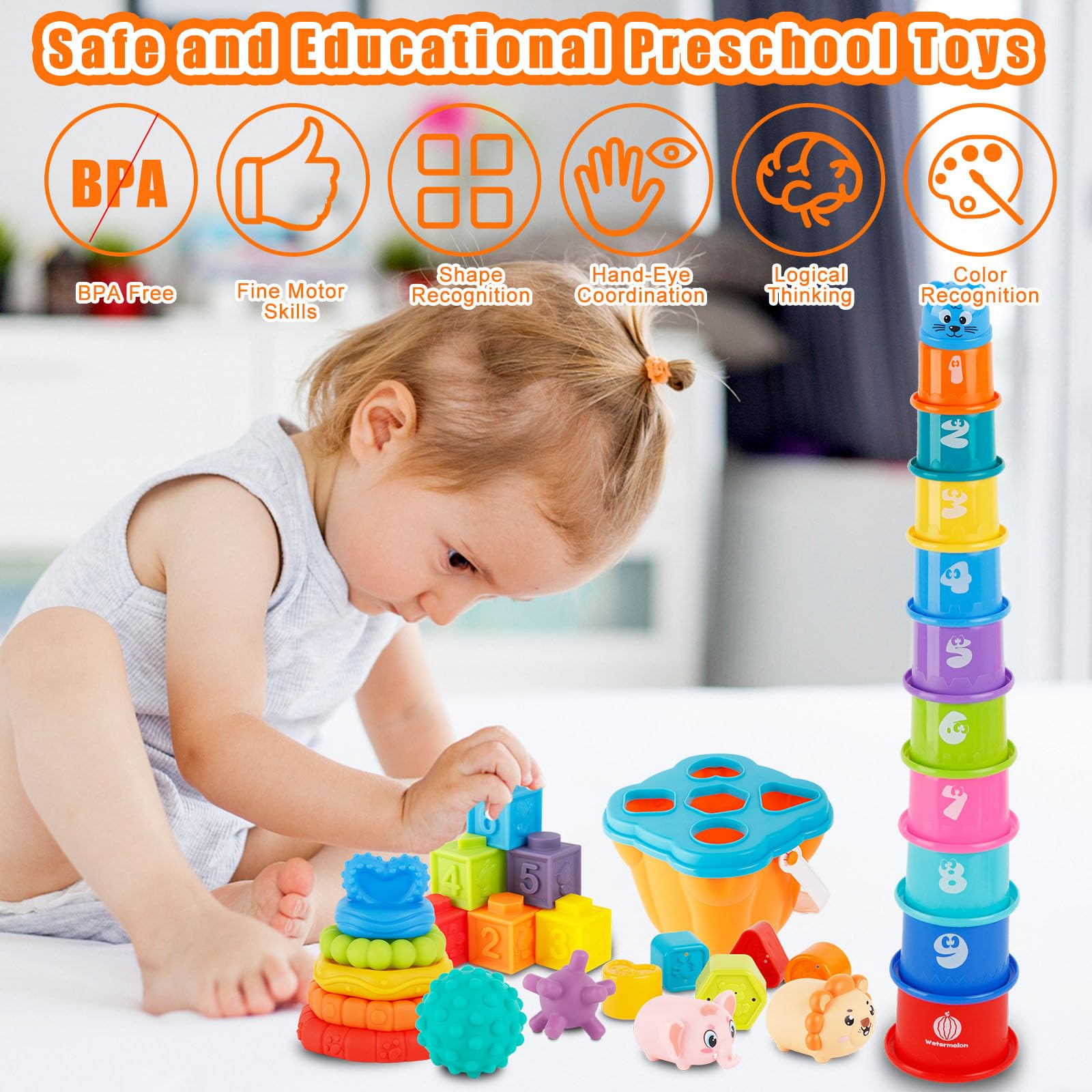 Ganowo 6-in-1 Montessori Baby Toys for 6-12 Months - Food-Grade Sensory Toys, Stacking Circles, Shape Sorter & Teether - Educational Learning Gifts for 1 Year Old Boys & Girls - Perfect for Early Development & Playtime