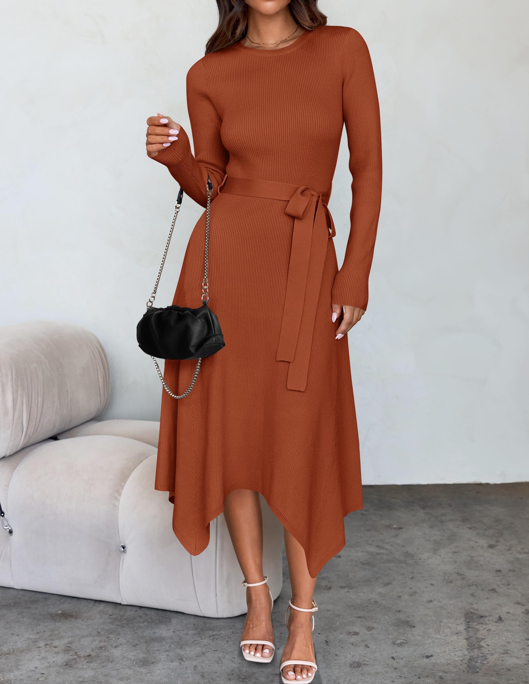 ZESICA Women's 2025 Spring Long Sleeve Ribbed Knit Sweater Dress with Belt - High Waist Midi Length for Casual Outings, Office Wear & Date Nights