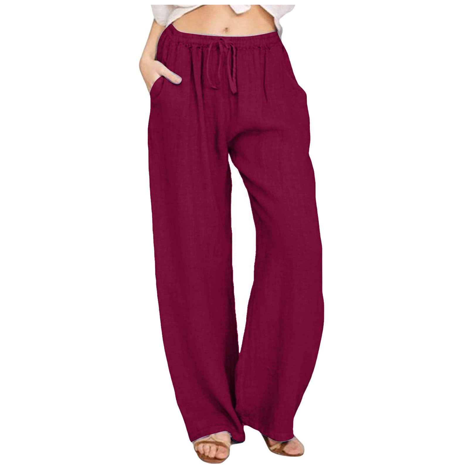 Women's High Waist Linen Palazzo Pants - Elastic Wide Leg Loose Casual Beach Pants with Pockets | Comfortable Summer Wear for Travel, Vacation & Relaxation