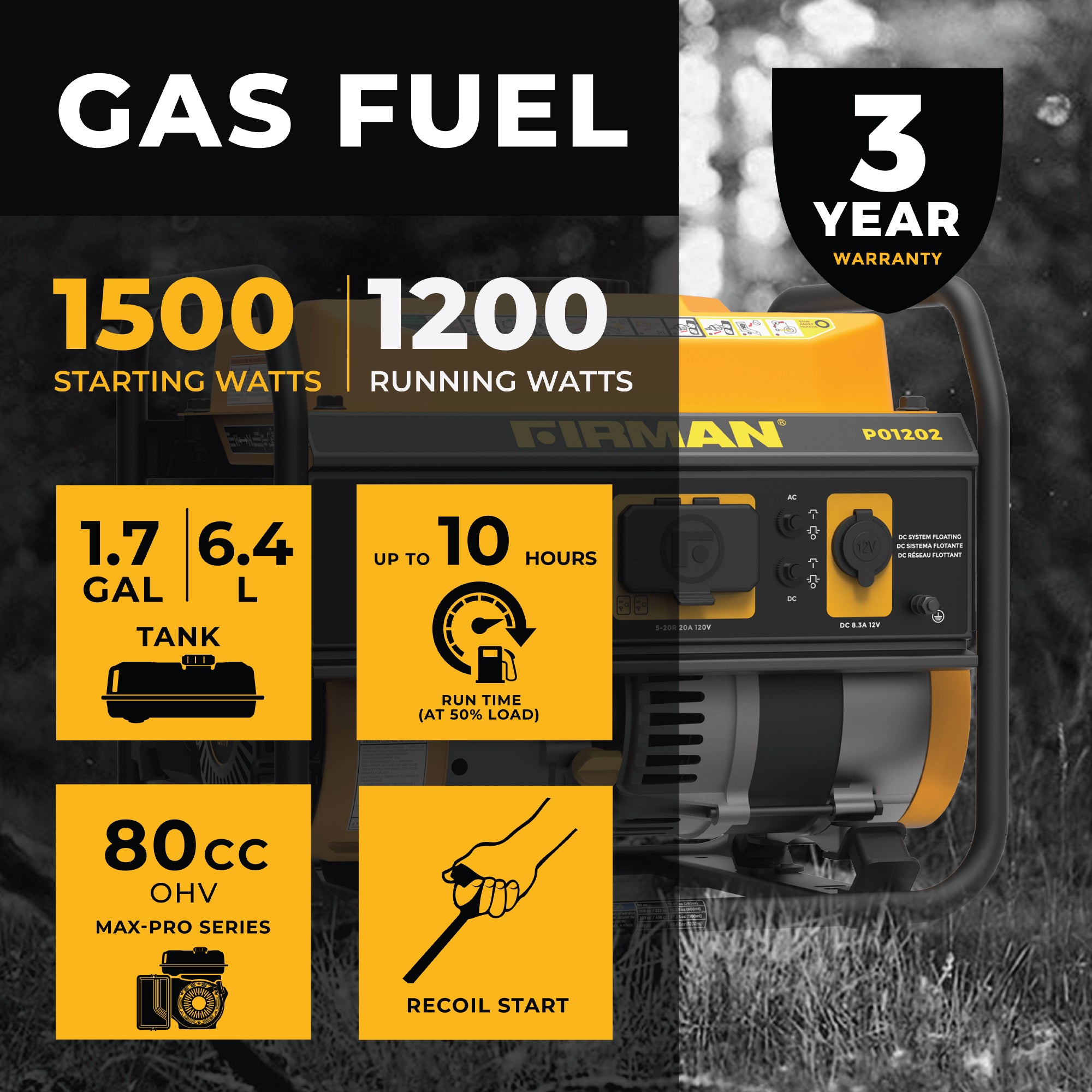 1500W Portable Gas Generator with Recoil Start - Reliable Power for Camping, Emergencies & Outdoor Activities