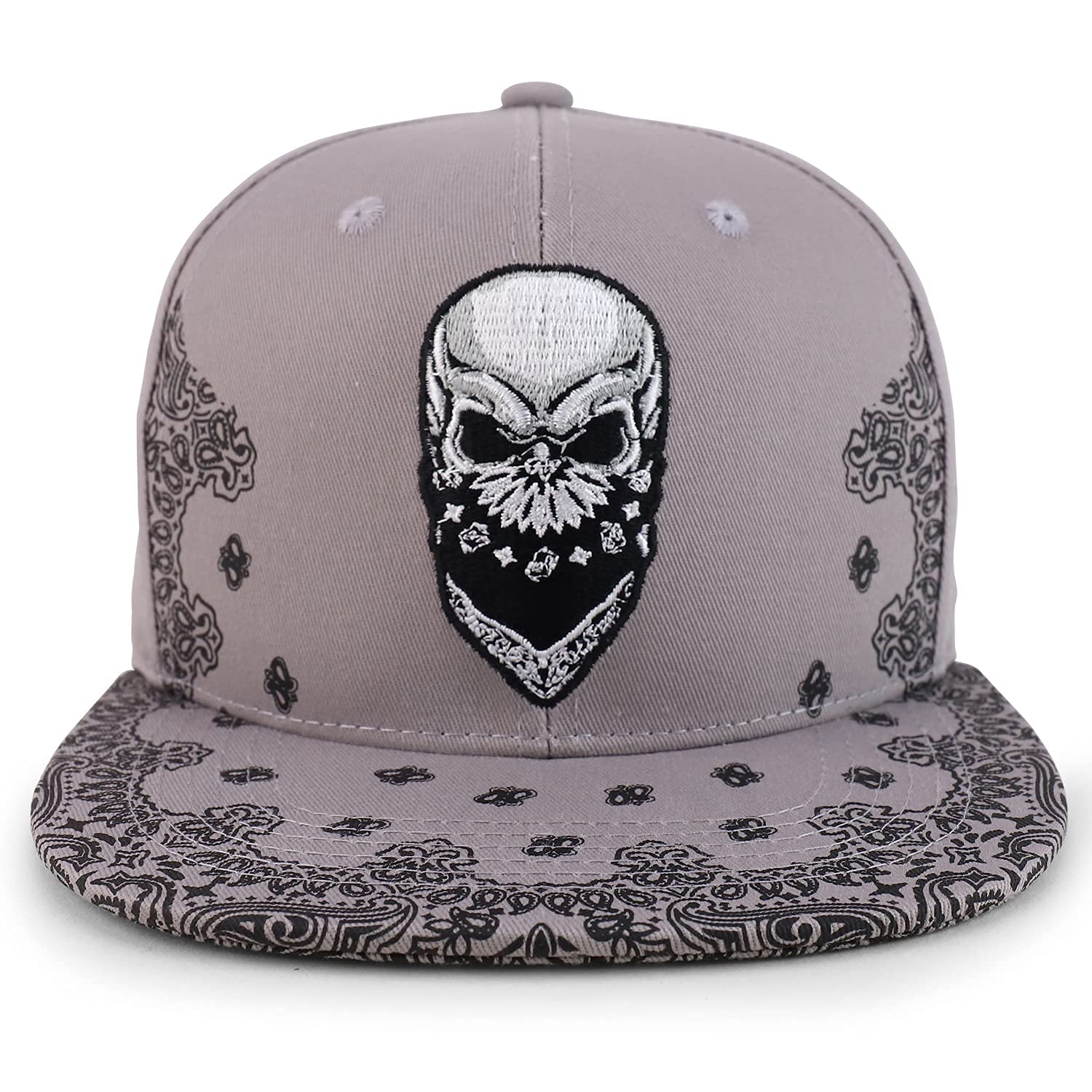 Trendy Skull Bandana Embroidered Paisley Print Flatbill Cap - Gothic Fashion Accessory for Men & Women - Perfect for Concerts, Motorcycle Rides, and Streetwear Outfits