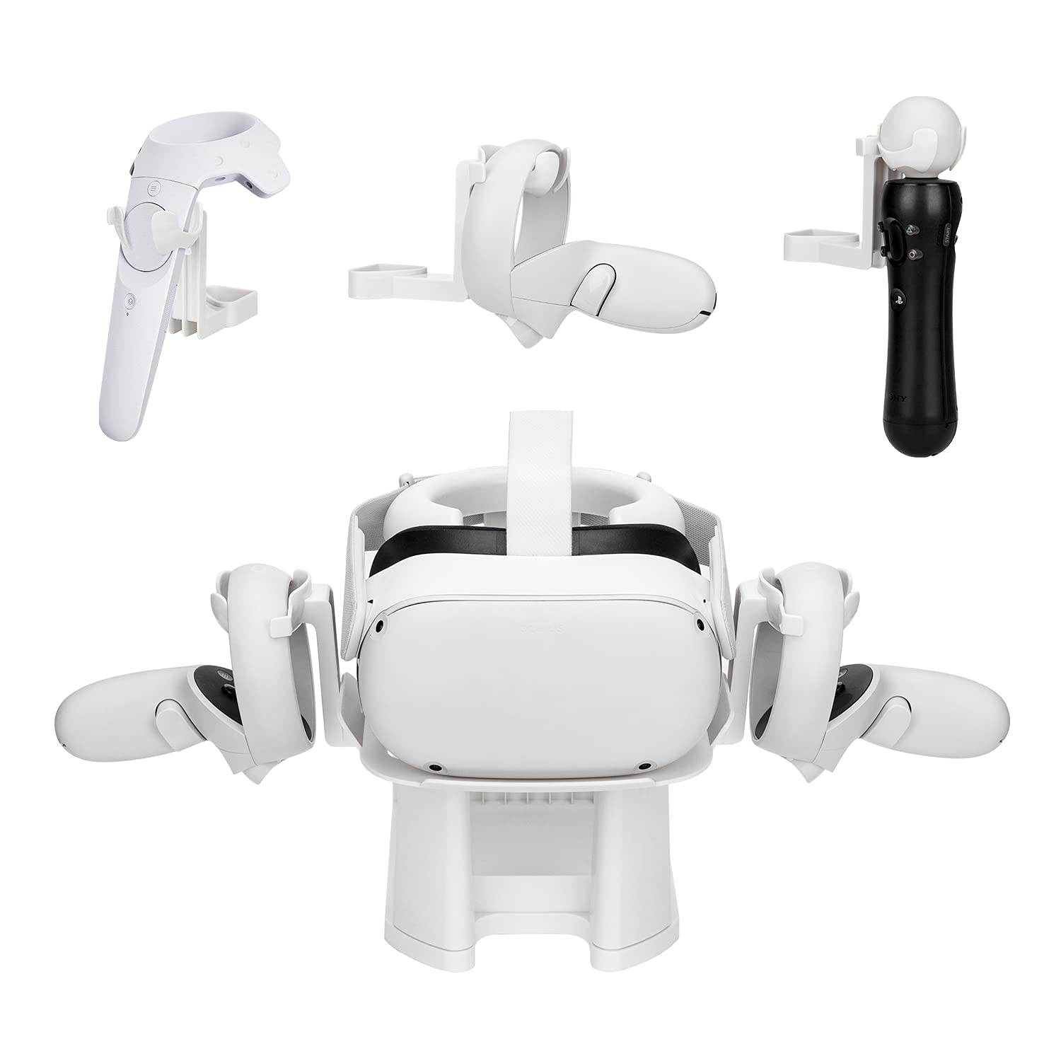 5-in-1 VR Stand & Wall Mount Kit for Oculus Quest 2/Rift/GO/PS VR/HTC Vive - Headset & Controller Holder with Cable Management (White) - Perfect for Gaming Setup & VR Accessories Organization