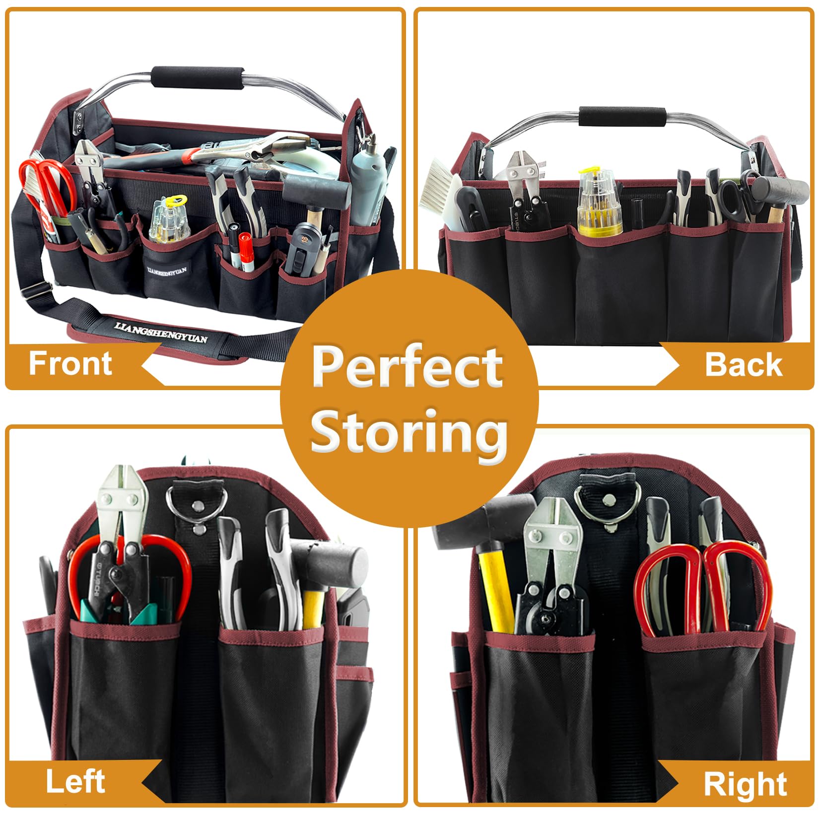 16-Inch Heavy Duty Open Top Tool Tote Bag with 30 Pockets - Waterproof Electrician Tool Carrier for Men - Foldable Wide Mouth Design with Stainless Steel Handle & Removable Shoulder Strap - Perfect for Construction, HVAC Work and DIY Home Improvement Projects