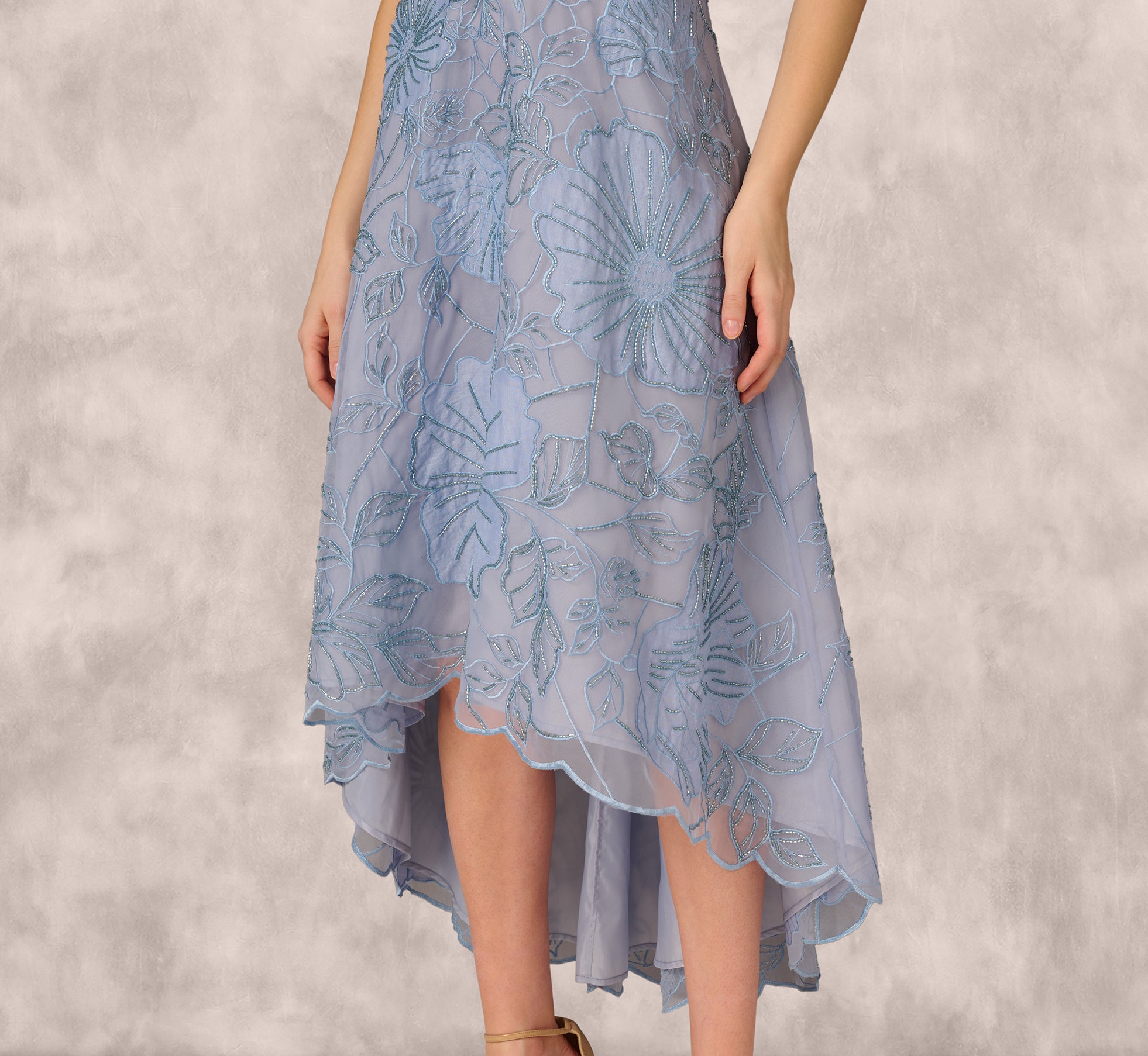 Strapless Floral Embroidered High-Low Midi Dress in Blue Cloud - Perfect for Summer Weddings, Beach Vacations & Date Nights