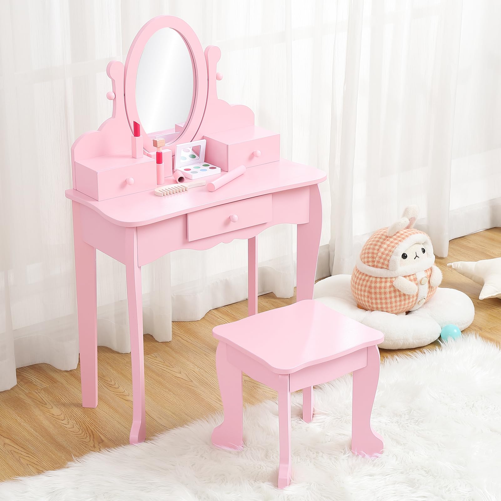 Pink Wooden Kids Vanity Set with Mirror, Makeup Table & Stool for Girls Ages 4-9 | Pretend Play Dress Up Station | Birthday Gift for Little Princess | Perfect for Bedroom Decor & Role Play Games