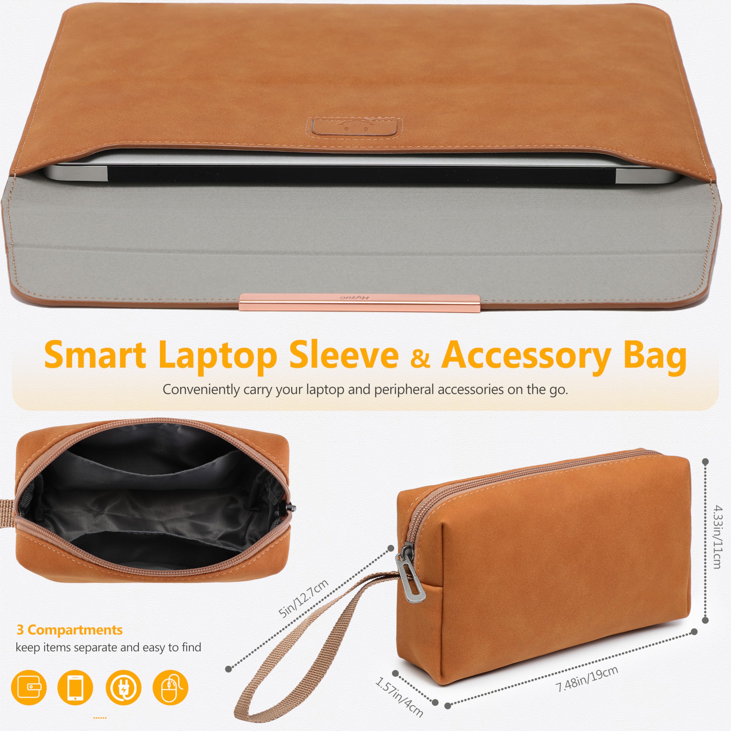 HYZUO 15-16 Inch Laptop Sleeve with Stand - Compatible with MacBook Pro 16 M4/M3/M2/M1 Pro/Max (2025-2019), MacBook Pro 15 (2015-2012), Dell XPS 15, Samsung Galaxy Book Flex/Pro 15 - Brown PU Leather Protective Case for Work, Travel & School (Smiley Design)