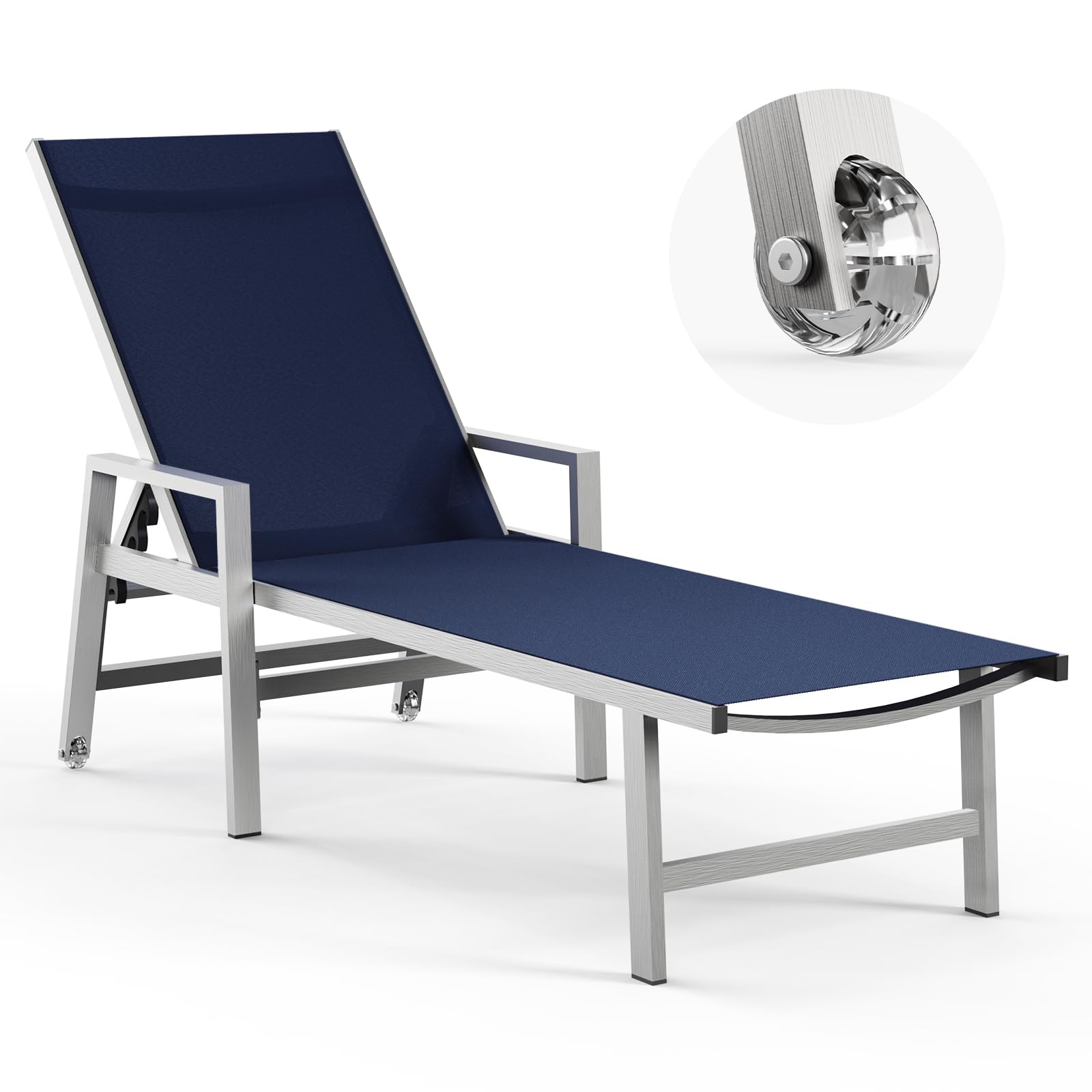 5-Position Adjustable Aluminum Pool Lounge Chair with Wheels & Armrests - Navy Blue Outdoor Chaise for Patio, Beach, Deck & Backyard - Perfect for Sunbathing, Relaxing by the Pool or Garden Lounging