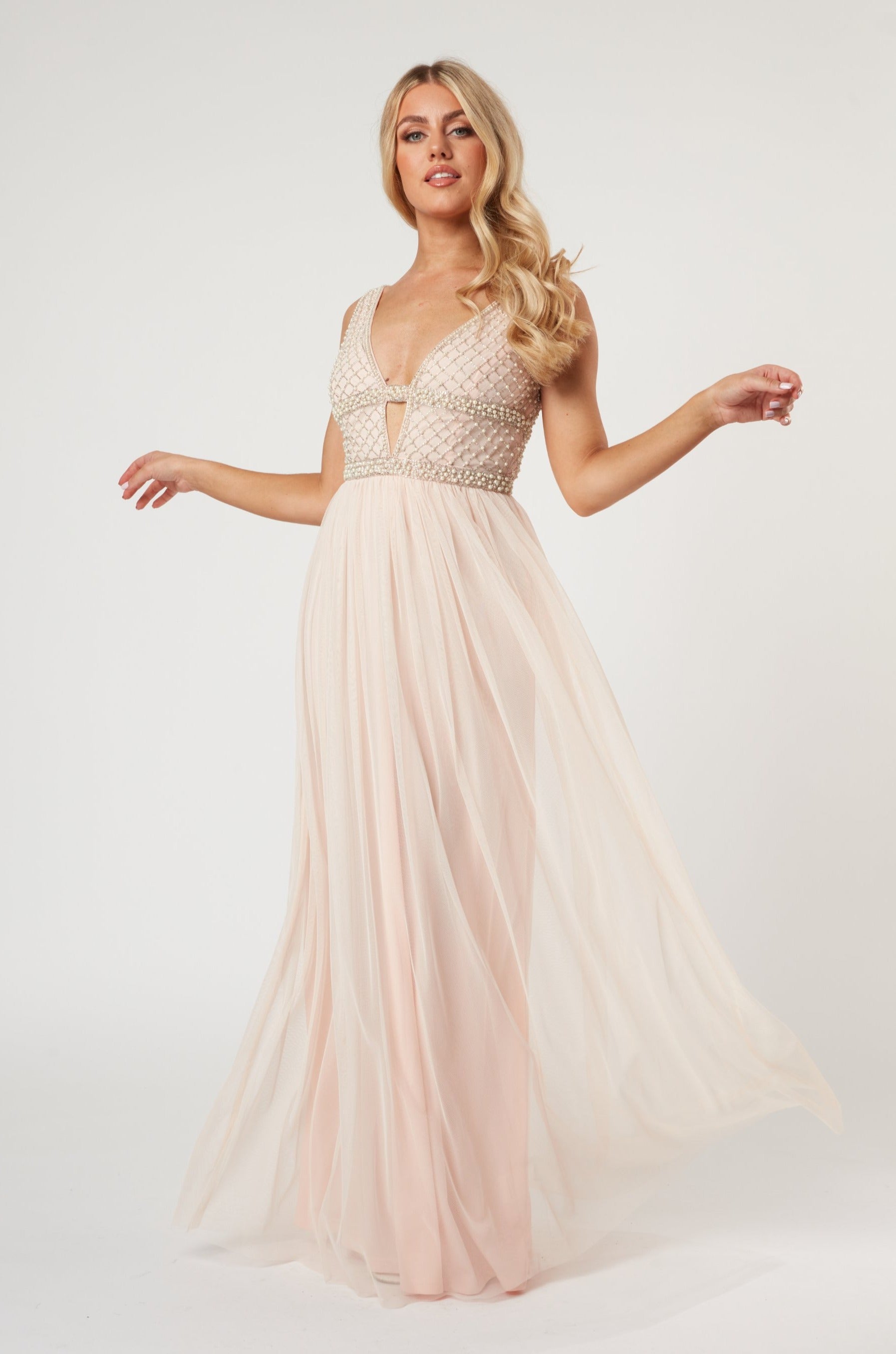 Myla Nude Embellished Maxi Dress for Women - Elegant Long Formal Gown with Intricate Details | Perfect for Weddings, Galas & Evening Events