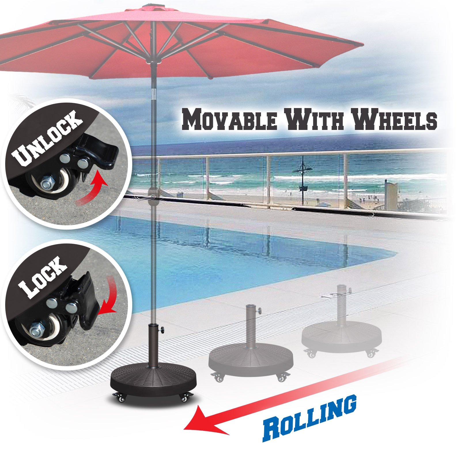 Heavy-Duty Resin Patio Umbrella Base with Wheels - Weighted Outdoor Market Umbrella Stand for Stability | Perfect for Backyard, Deck, Poolside & Patio Furniture Protection