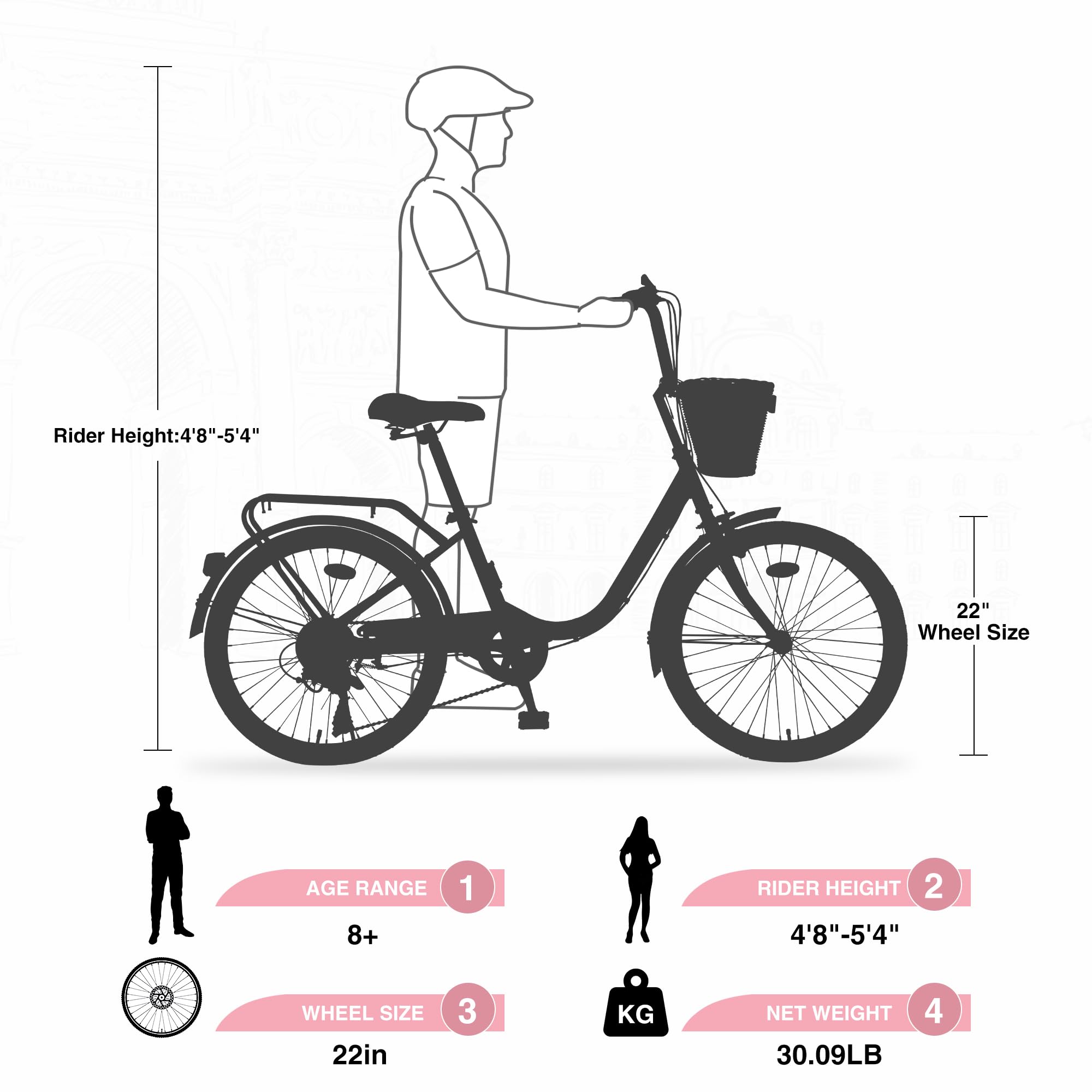 22/26 Inch Women's Beach Cruiser Bike - 7-Speed Hybrid Commuter Bicycle for Women & Men, Perfect for City Riding & Leisure - Available in 4 Colors