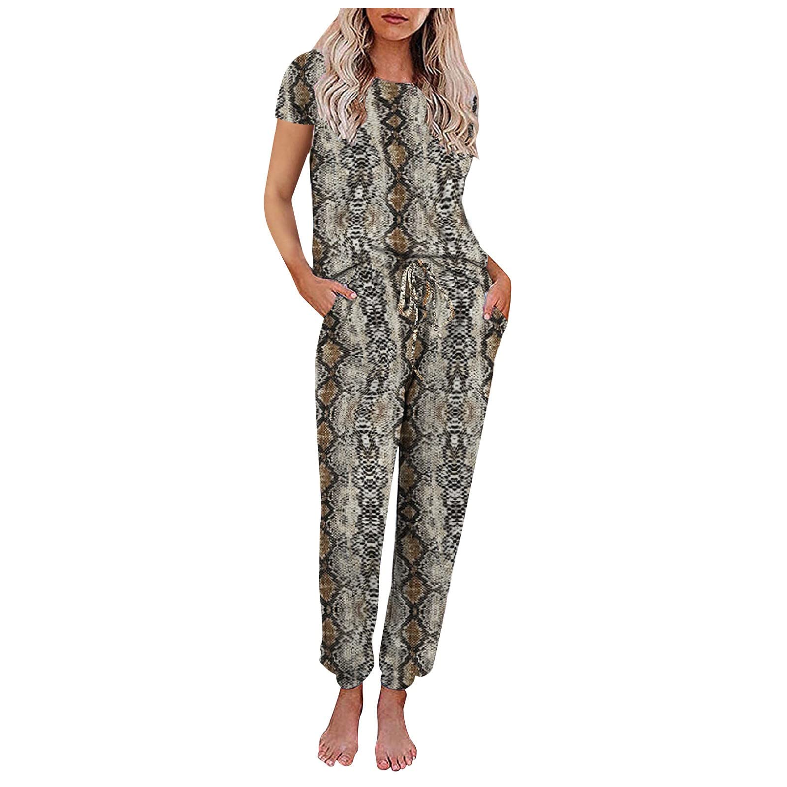 Women's 2-Piece Summer Workout Outfit - Printed Short Sleeve Top & Long Pants Tracksuit Set | Gym, Yoga, Running & Casual Wear