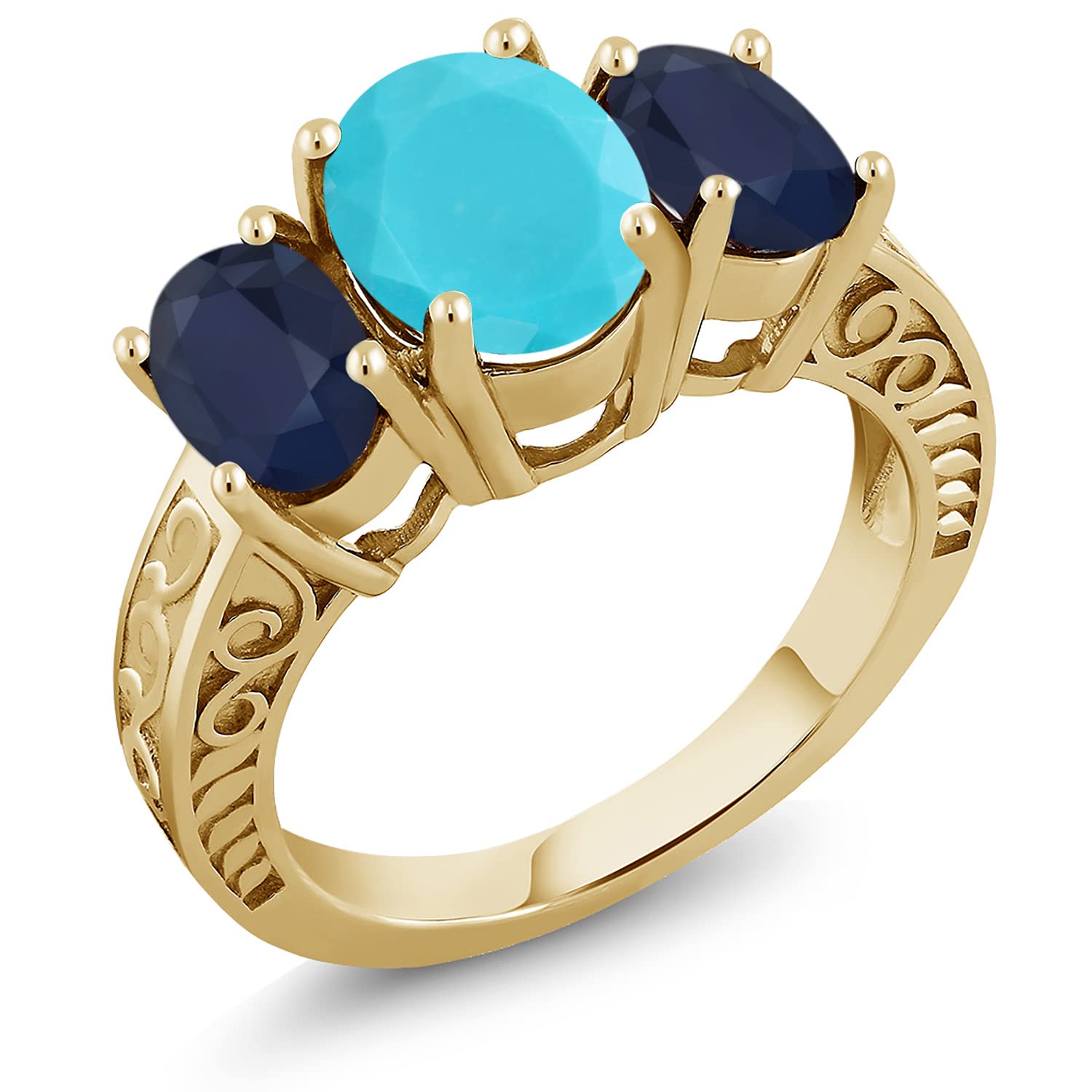 3.50 Ct Oval Green Turquoise & Blue Sapphire 18K Gold Plated Silver Ring for Women | Gem Stone King | Elegant Jewelry Gift for Birthday, Anniversary & Special Occasions