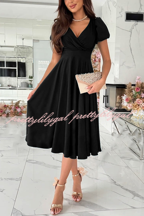 Zayla Women's Solid Color Puff Sleeve V-Neck Waist Slim Fit Midi Dress - Elegant Party, Wedding Guest & Office Wear