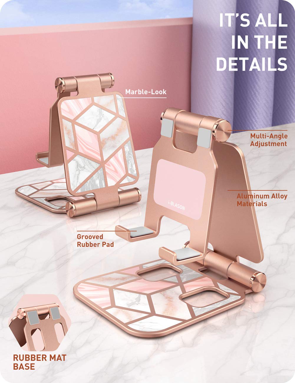 i-Blason Universal Foldable Phone Stand Holder for Desk - Compatible with iPhone 16/15/14/13 Pro Max & All Smartphones - Marble Design - Perfect for Office, Home, Video Calls & Hands-Free Viewing